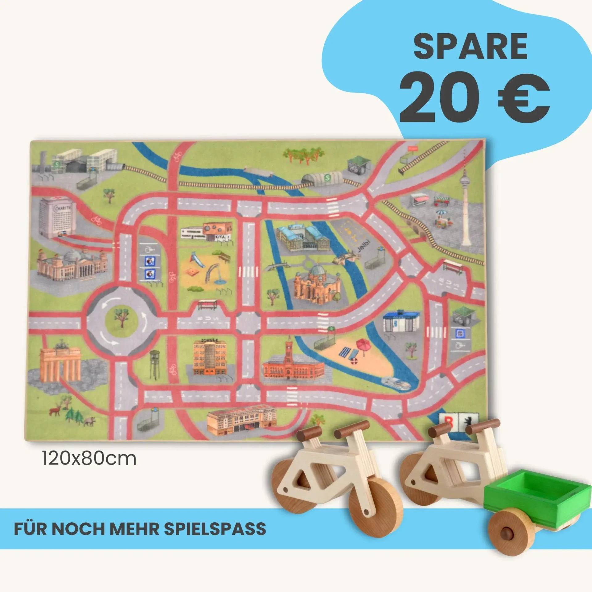Spielteppich Berlin 120x80cm im Starter-Set | Spielzeugfahrrad aus Holz (Farbe): Natur | Spielzeuglastenrad aus Holz (Farbe): Natur | Flache Transportbox Lastenrad (Farbe): Grün