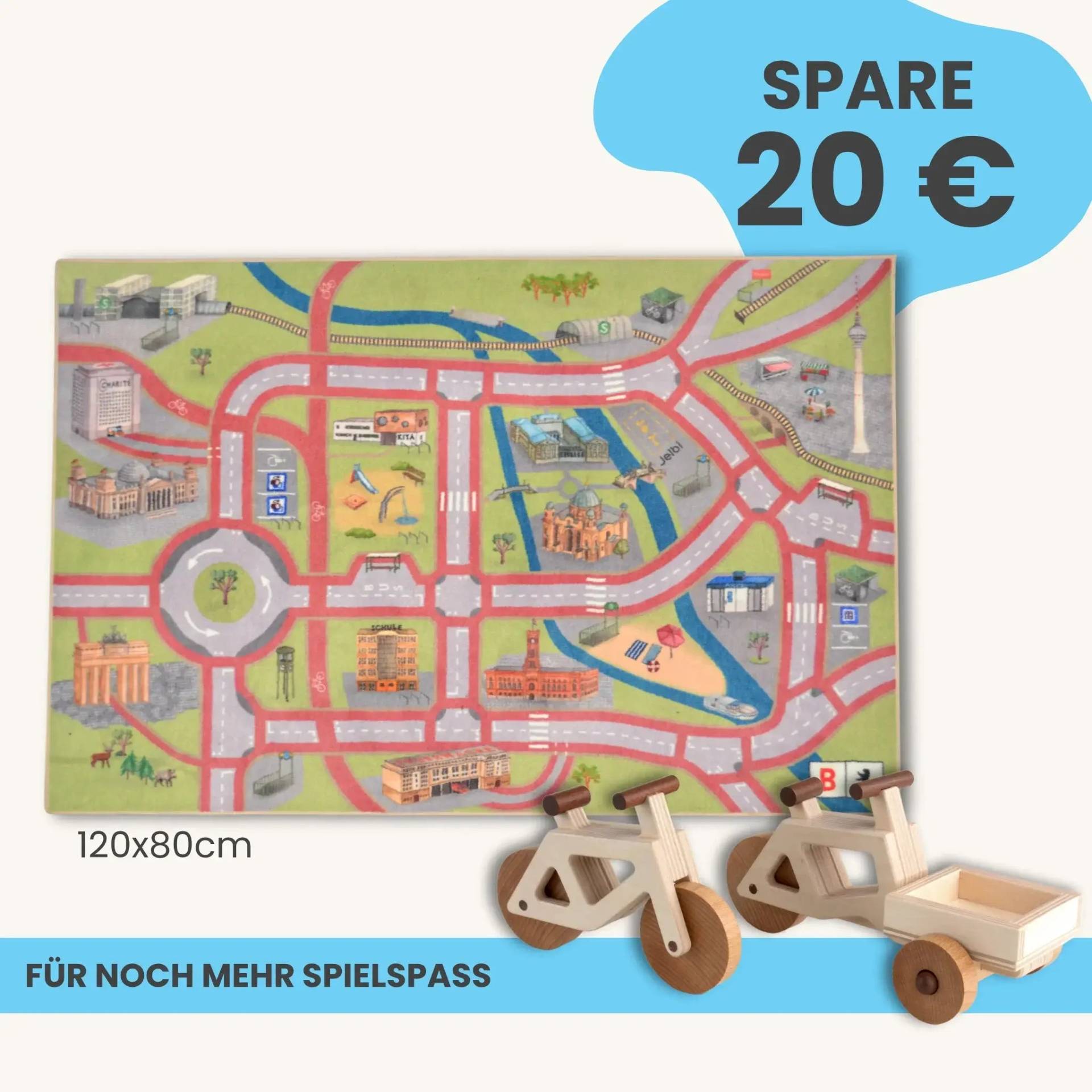 Spielteppich Berlin 120x80cm im Starter-Set | Spielzeugfahrrad aus Holz (Farbe): Natur | Spielzeuglastenrad aus Holz (Farbe): Natur | Flache Transportbox Lastenrad (Farbe): Natur