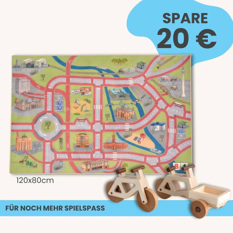 Spielteppich Berlin 120x80cm im Starter-Set | Spielzeugfahrrad aus Holz (Farbe): Natur | Spielzeuglastenrad aus Holz (Farbe): Natur | Flache Transportbox Lastenrad (Farbe): Natur