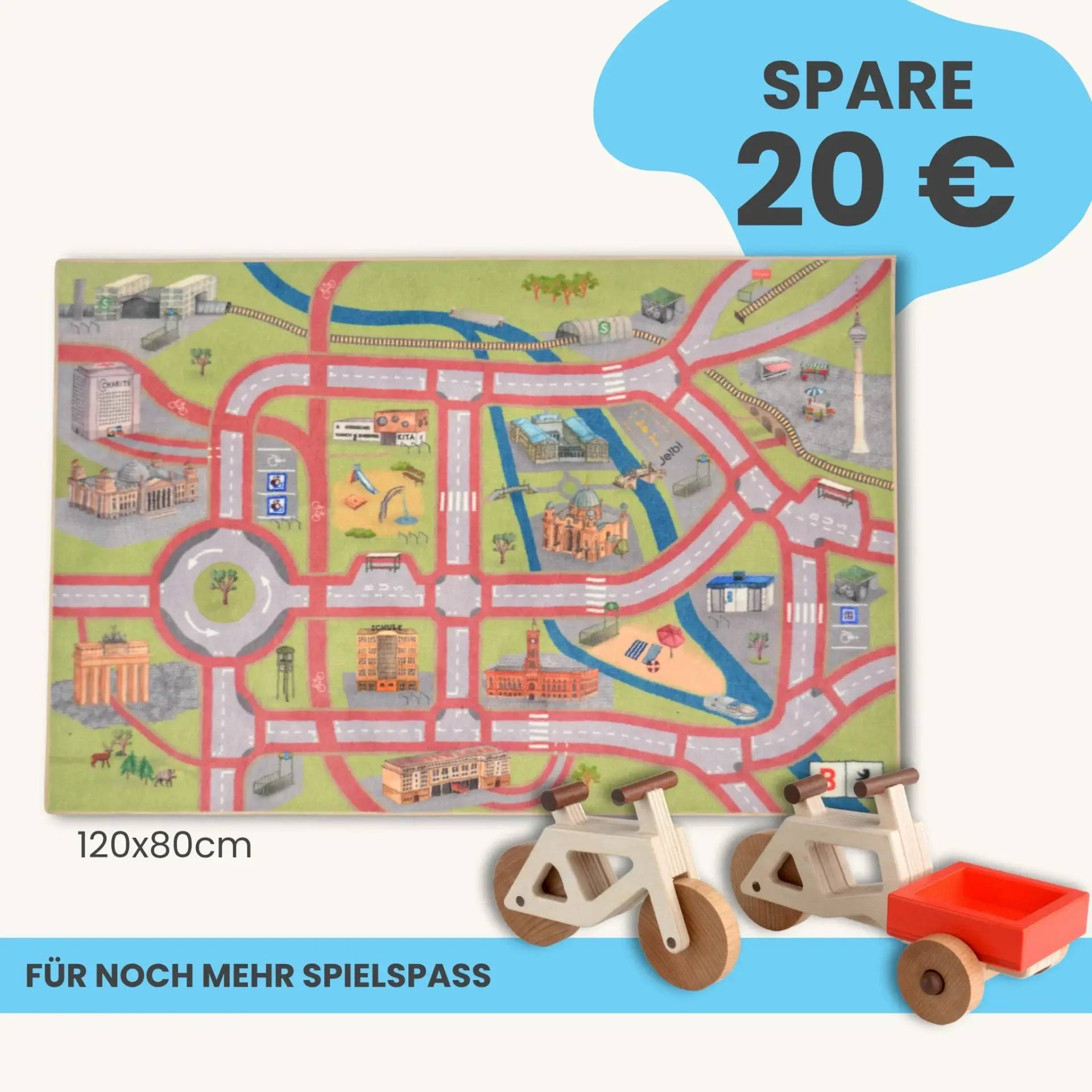 Spielteppich Berlin 120x80cm im Starter-Set | Spielzeugfahrrad aus Holz (Farbe): Natur | Spielzeuglastenrad aus Holz (Farbe): Natur | Flache Transportbox Lastenrad (Farbe): Rot