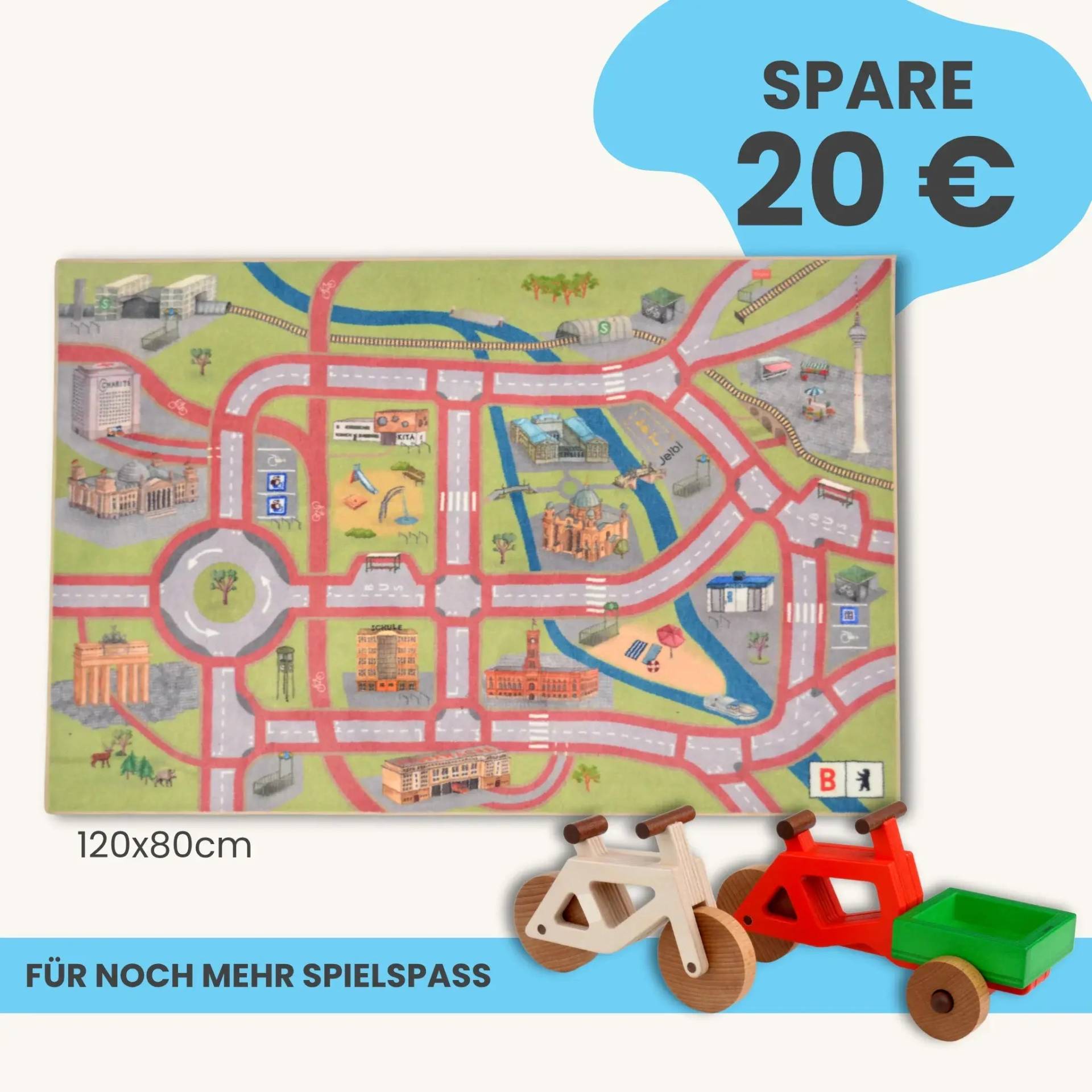 Spielteppich Berlin 120x80cm im Starter-Set | Spielzeugfahrrad aus Holz (Farbe): Natur | Spielzeuglastenrad aus Holz (Farbe): Rot | Flache Transportbox Lastenrad (Farbe): Grün