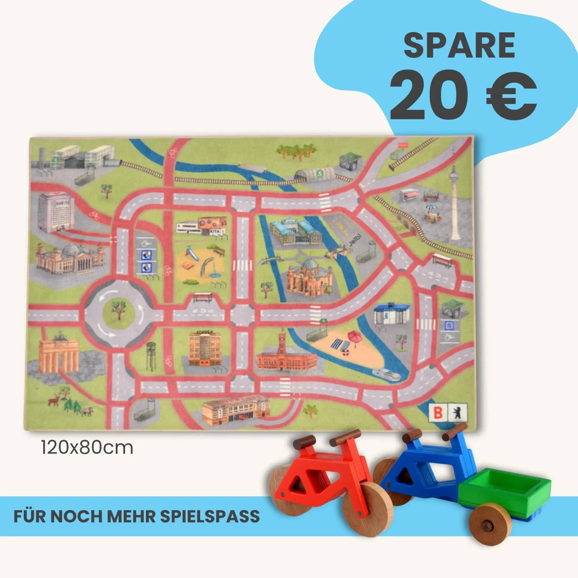 Spielteppich Berlin 120x80cm im Starter-Set | Spielzeugfahrrad aus Holz (Farbe): Rot | Spielzeuglastenrad aus Holz (Farbe): Blau | Flache Transportbox Lastenrad (Farbe): Grün