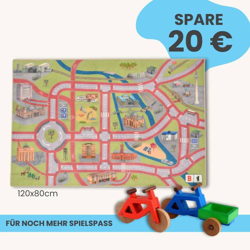 Spielteppich Berlin 120x80cm im Starter-Set | Spielzeugfahrrad aus Holz (Farbe): Rot | Spielzeuglastenrad aus Holz (Farbe): Blau | Flache Transportbox Lastenrad (Farbe): Grün