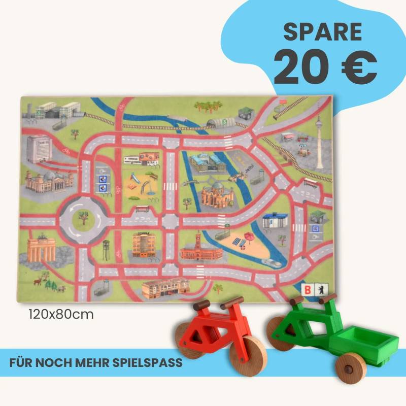 Spielteppich Berlin 120x80cm im Starter-Set | Spielzeugfahrrad aus Holz (Farbe): Rot | Spielzeuglastenrad aus Holz (Farbe): Grün | Flache Transportbox Lastenrad (Farbe): Grün