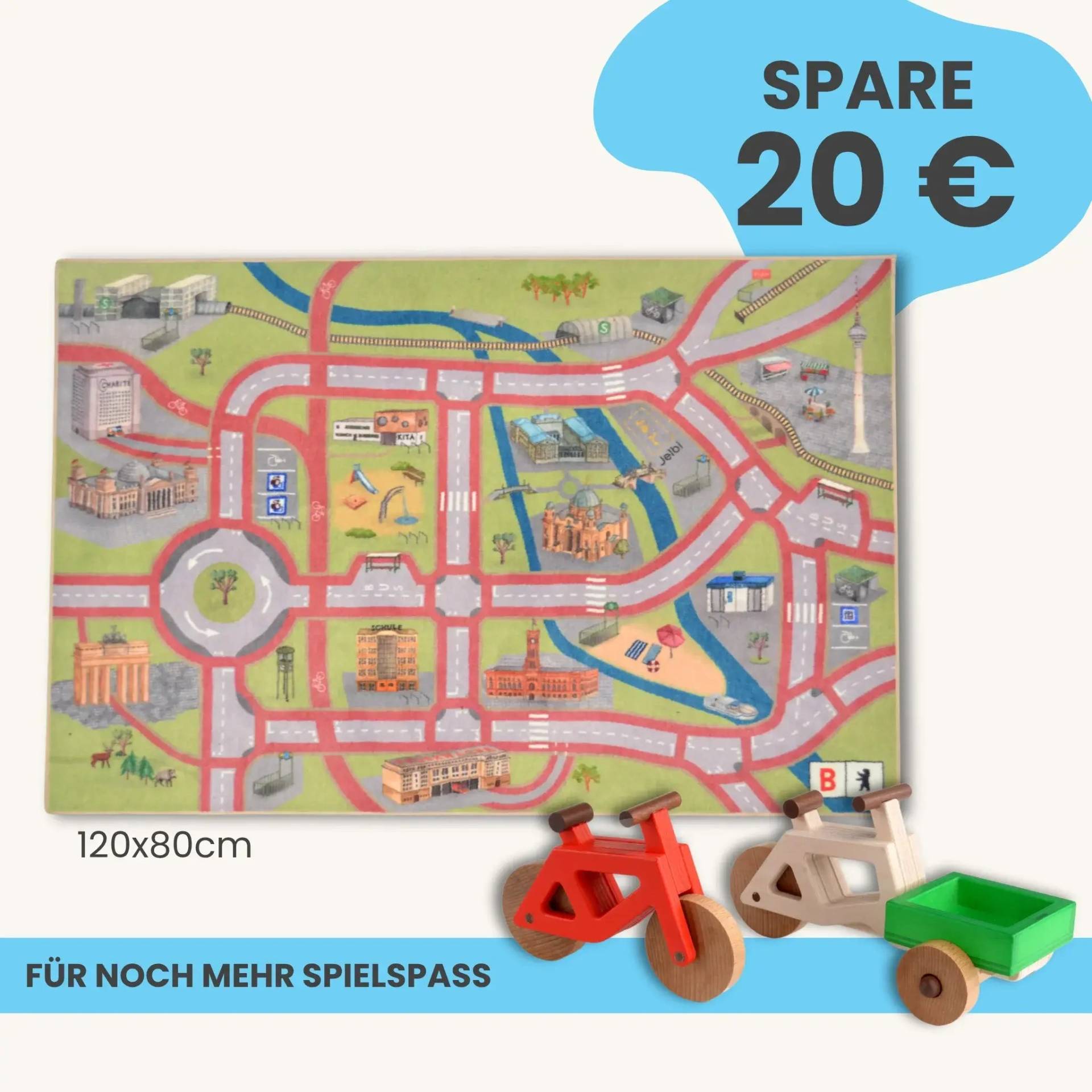 Spielteppich Berlin 120x80cm im Starter-Set | Spielzeugfahrrad aus Holz (Farbe): Rot | Spielzeuglastenrad aus Holz (Farbe): Natur | Flache Transportbox Lastenrad (Farbe): Grün