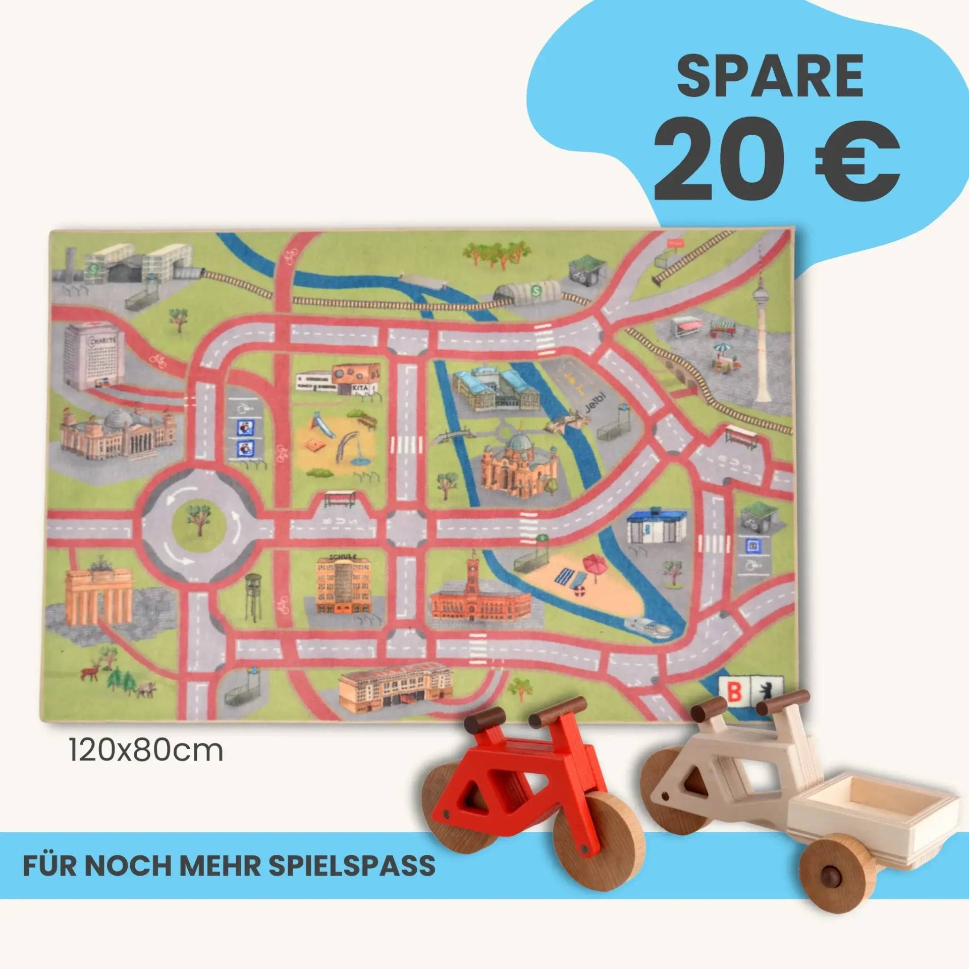 Spielteppich Berlin 120x80cm im Starter-Set | Spielzeugfahrrad aus Holz (Farbe): Rot | Spielzeuglastenrad aus Holz (Farbe): Natur | Flache Transportbox Lastenrad (Farbe): Natur