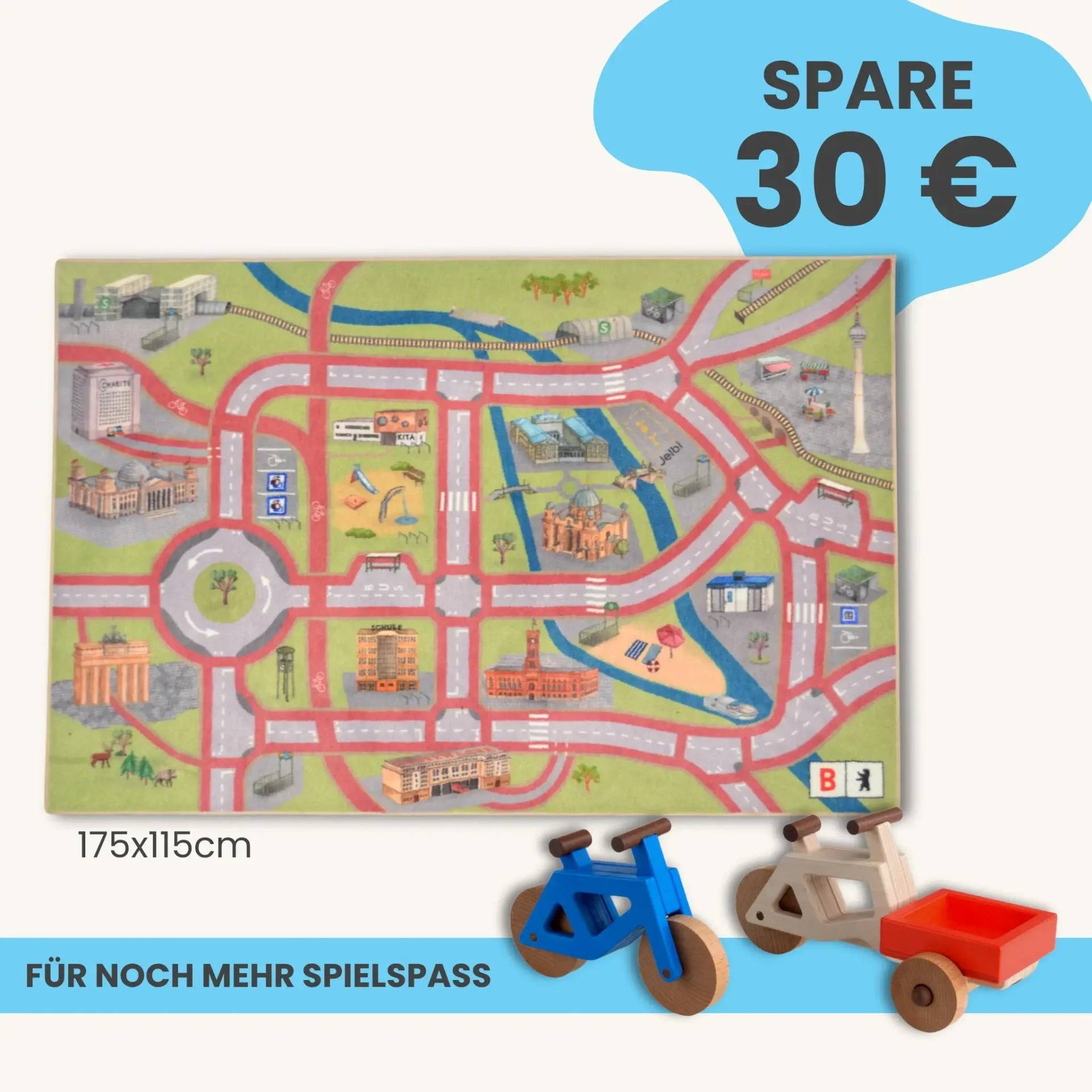 Spielteppich Berlin 175x115cm im Starter-Set | Spielzeugfahrrad aus Holz (Farbe): Blau | Spielzeuglastenrad aus Holz (Farbe): Natur | Flache Transportbox Lastenrad (Farbe): Rot
