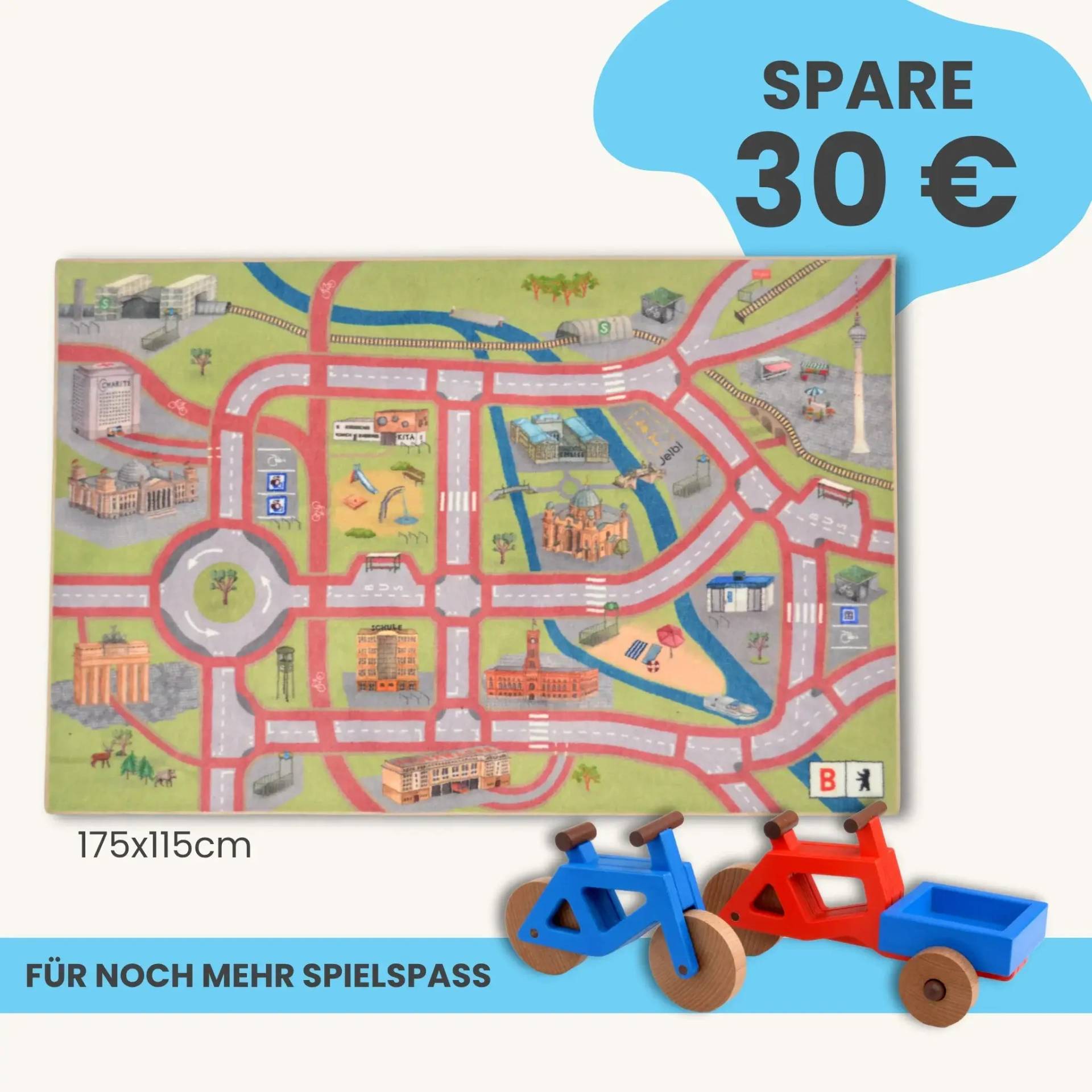 Spielteppich Berlin 175x115cm im Starter-Set | Spielzeugfahrrad aus Holz (Farbe): Blau | Spielzeuglastenrad aus Holz (Farbe): Rot | Flache Transportbox Lastenrad (Farbe): Blau
