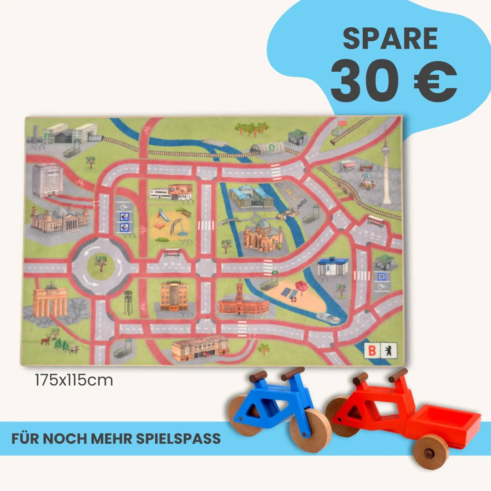 Spielteppich Berlin 175x115cm im Starter-Set | Spielzeugfahrrad aus Holz (Farbe): Blau | Spielzeuglastenrad aus Holz (Farbe): Rot | Flache Transportbox Lastenrad (Farbe): Rot