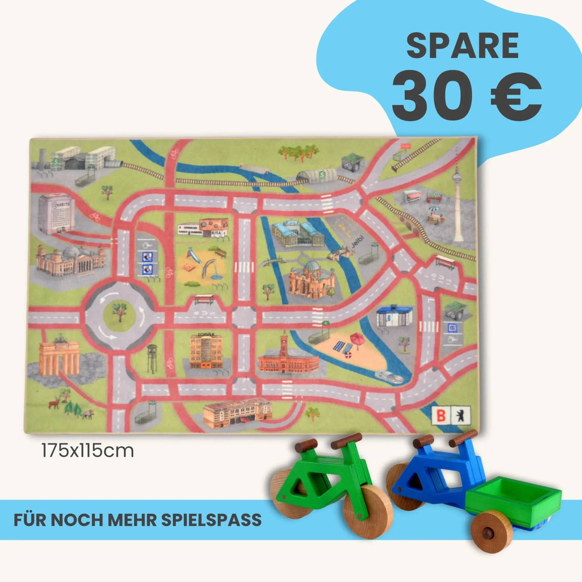 Spielteppich Berlin 175x115cm im Starter-Set | Spielzeugfahrrad aus Holz (Farbe): Grün | Spielzeuglastenrad aus Holz (Farbe): Blau | Flache Transportbox Lastenrad (Farbe): Grün