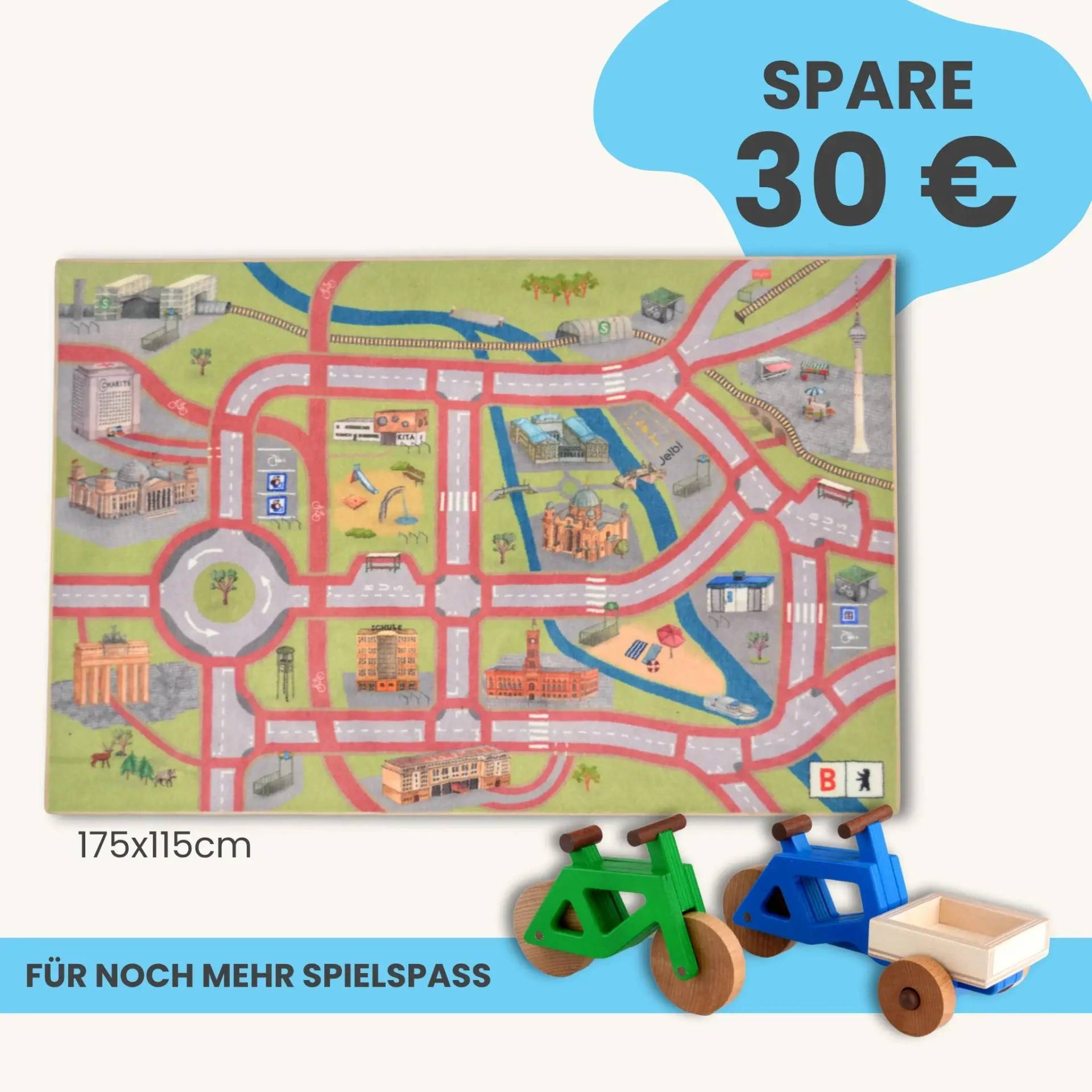 Spielteppich Berlin 175x115cm im Starter-Set | Spielzeugfahrrad aus Holz (Farbe): Grün | Spielzeuglastenrad aus Holz (Farbe): Blau | Flache Transportbox Lastenrad (Farbe): Natur