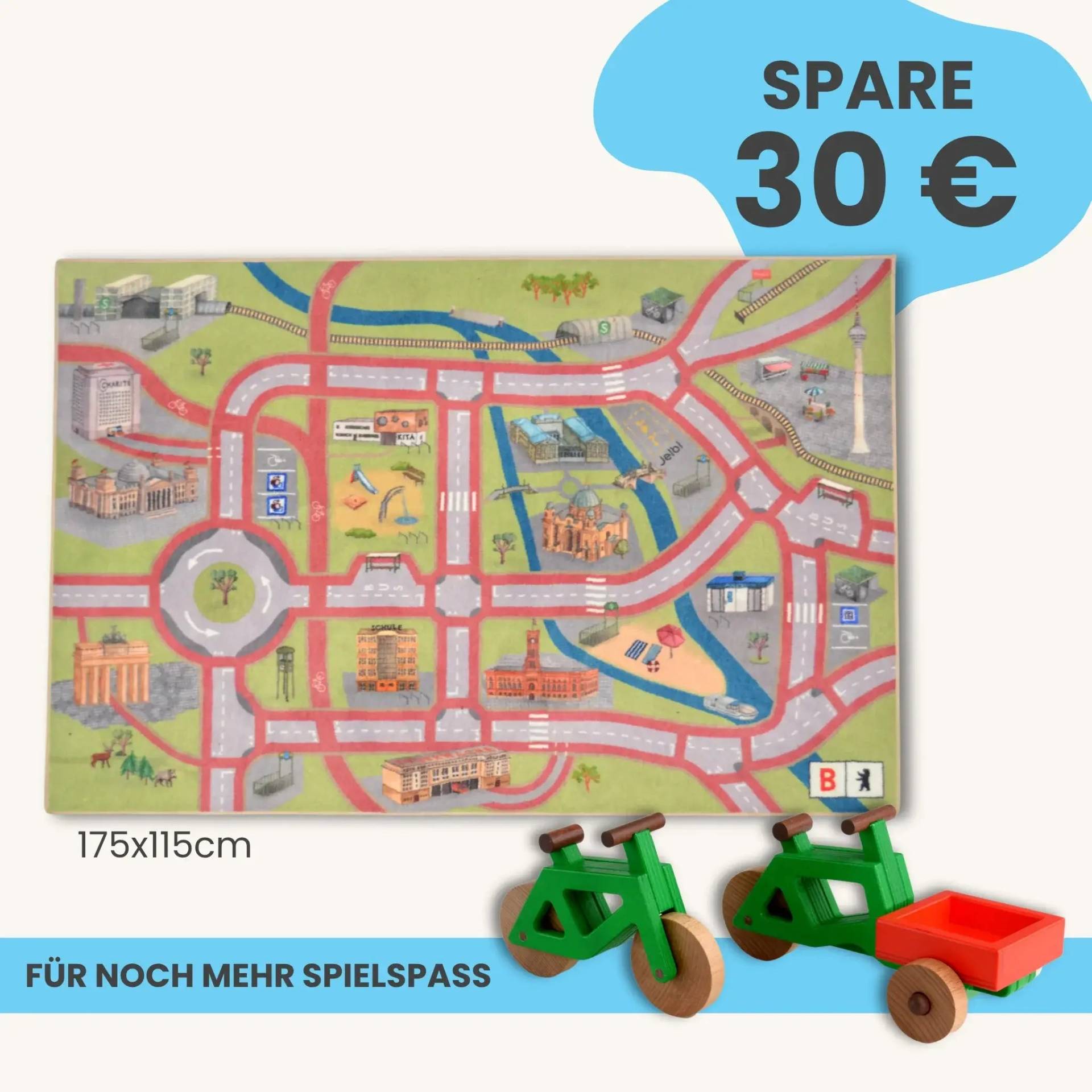 Spielteppich Berlin 175x115cm im Starter-Set | Spielzeugfahrrad aus Holz (Farbe): Grün | Spielzeuglastenrad aus Holz (Farbe): Grün | Flache Transportbox Lastenrad (Farbe): Rot