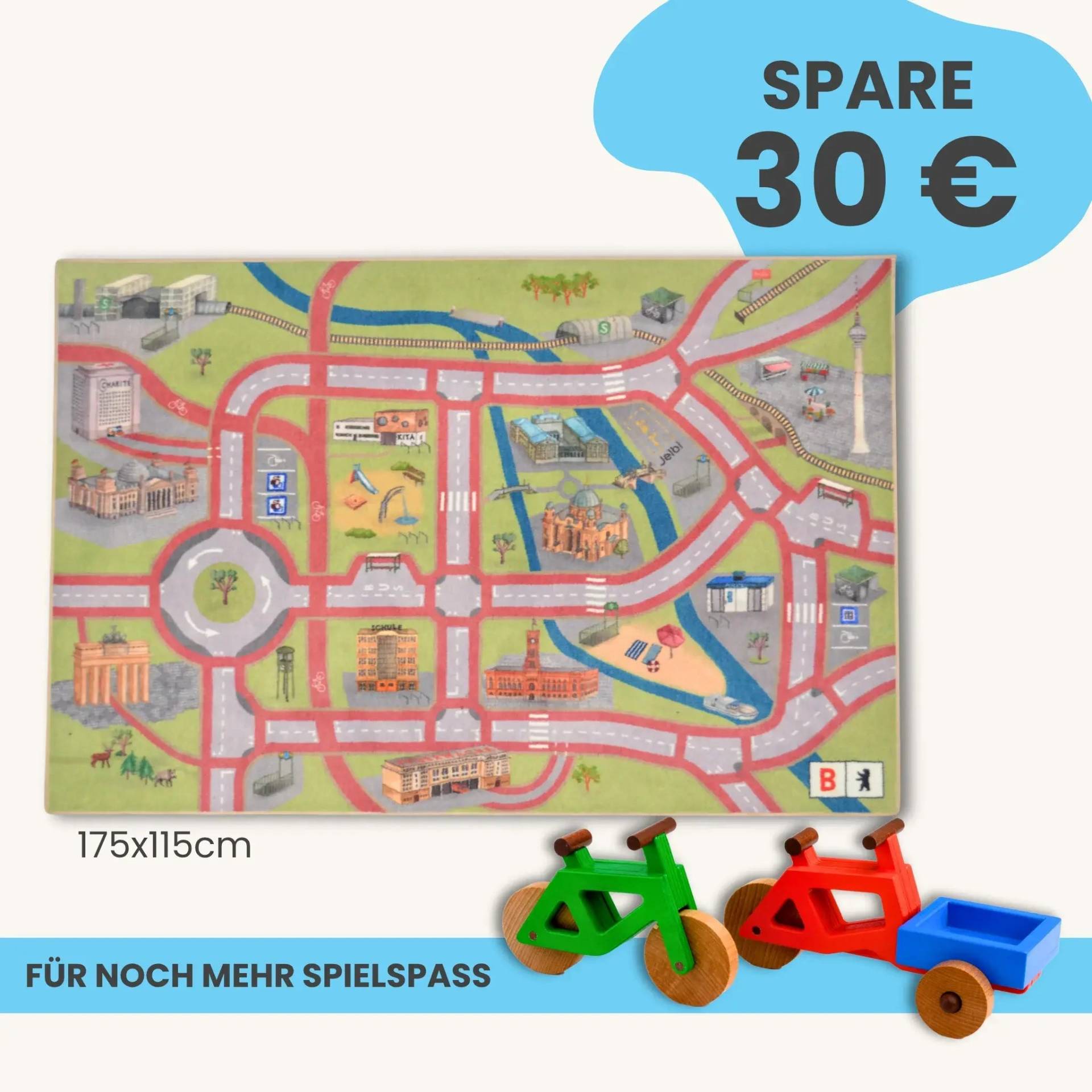 Spielteppich Berlin 175x115cm im Starter-Set | Spielzeugfahrrad aus Holz (Farbe): Grün | Spielzeuglastenrad aus Holz (Farbe): Rot | Flache Transportbox Lastenrad (Farbe): Blau