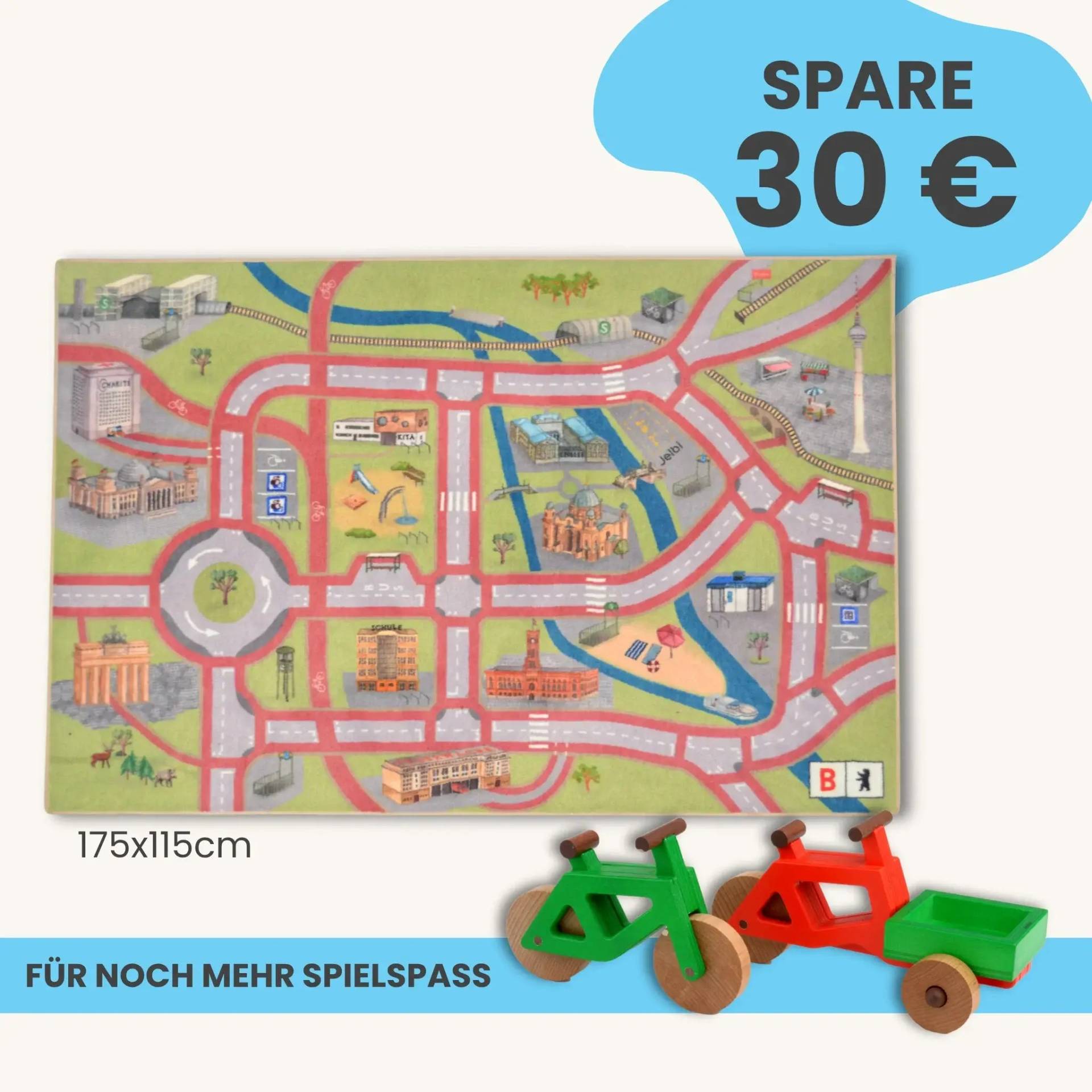 Spielteppich Berlin 175x115cm im Starter-Set | Spielzeugfahrrad aus Holz (Farbe): Grün | Spielzeuglastenrad aus Holz (Farbe): Rot | Flache Transportbox Lastenrad (Farbe): Grün