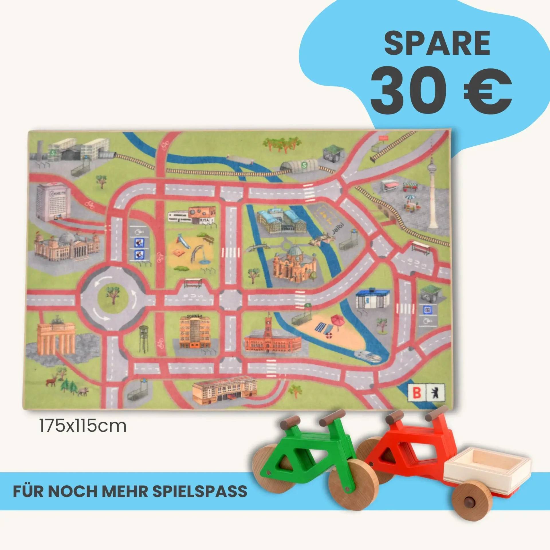 Spielteppich Berlin 175x115cm im Starter-Set | Spielzeugfahrrad aus Holz (Farbe): Grün | Spielzeuglastenrad aus Holz (Farbe): Rot | Flache Transportbox Lastenrad (Farbe): Natur