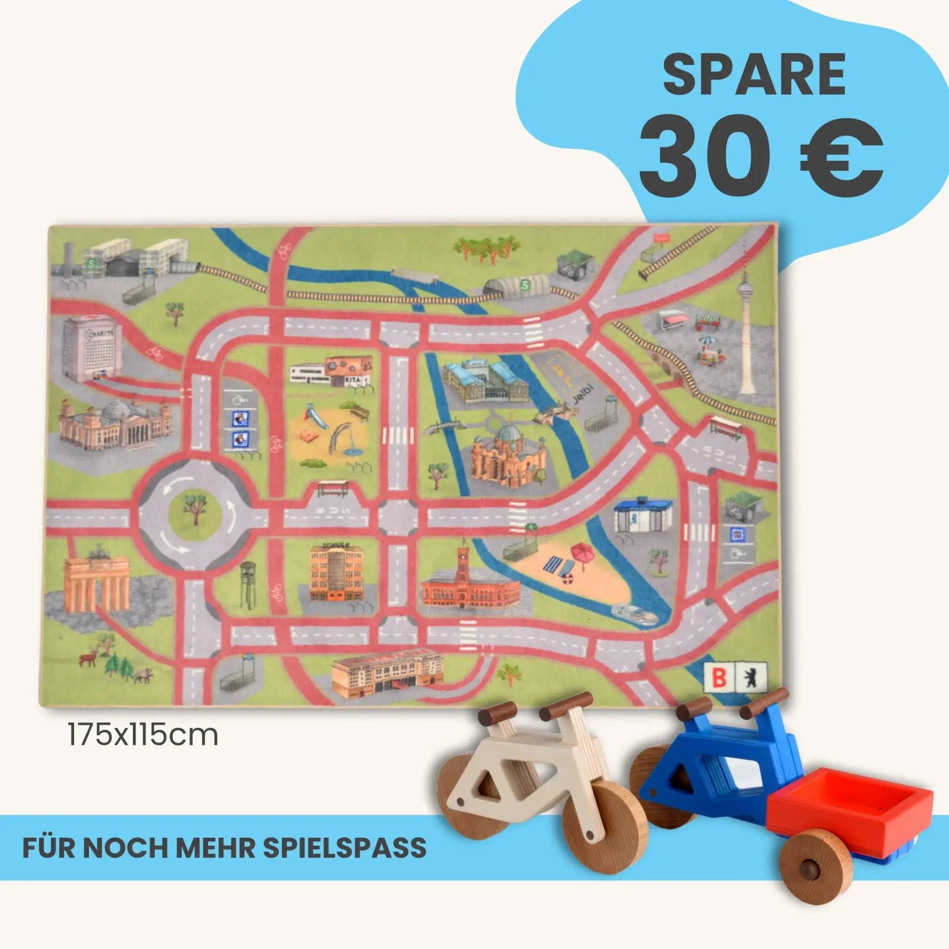 Spielteppich Berlin 175x115cm im Starter-Set | Spielzeugfahrrad aus Holz (Farbe): Natur | Spielzeuglastenrad aus Holz (Farbe): Blau | Flache Transportbox Lastenrad (Farbe): Rot