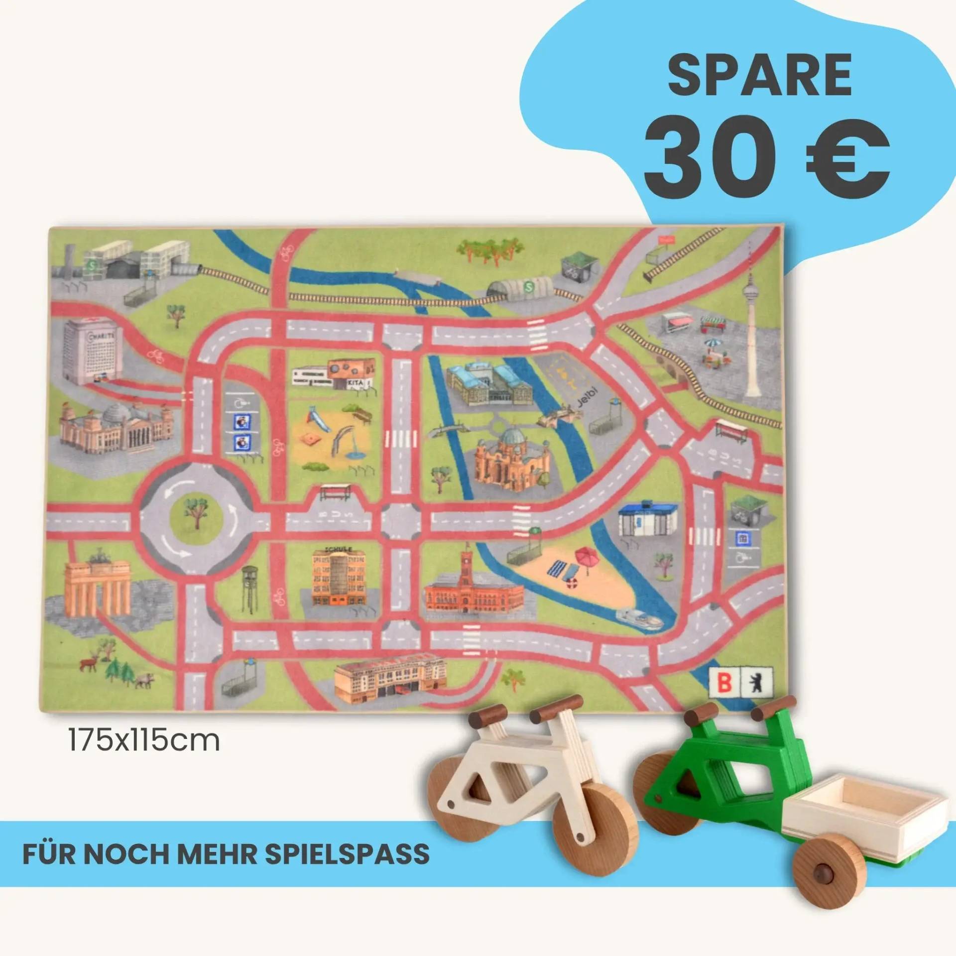 Spielteppich Berlin 175x115cm im Starter-Set | Spielzeugfahrrad aus Holz (Farbe): Natur | Spielzeuglastenrad aus Holz (Farbe): Grün | Flache Transportbox Lastenrad (Farbe): Natur