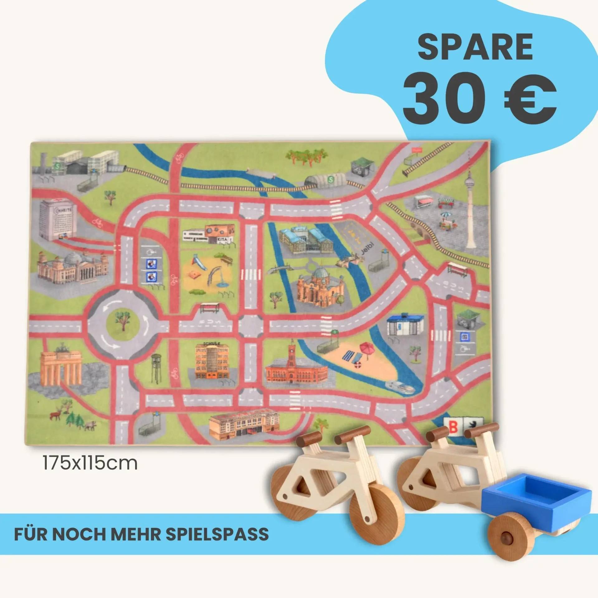 Spielteppich Berlin 175x115cm im Starter-Set | Spielzeugfahrrad aus Holz (Farbe): Natur | Spielzeuglastenrad aus Holz (Farbe): Natur | Flache Transportbox Lastenrad (Farbe): Blau