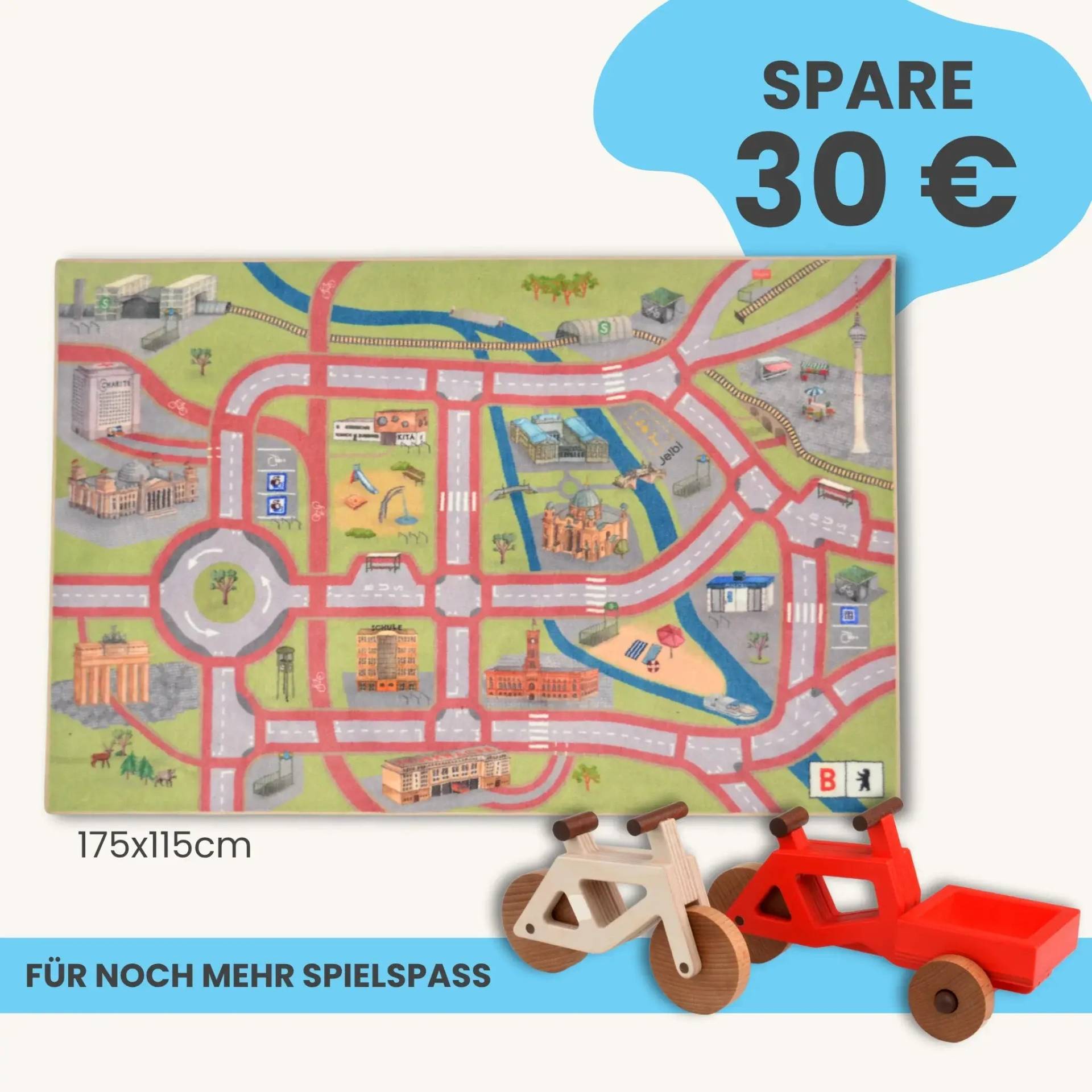 Spielteppich Berlin 175x115cm im Starter-Set | Spielzeugfahrrad aus Holz (Farbe): Natur | Spielzeuglastenrad aus Holz (Farbe): Rot | Flache Transportbox Lastenrad (Farbe): Rot