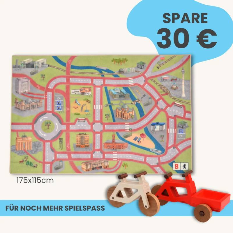 Spielteppich Berlin 175x115cm im Starter-Set | Spielzeugfahrrad aus Holz (Farbe): Natur | Spielzeuglastenrad aus Holz (Farbe): Rot | Flache Transportbox Lastenrad (Farbe): Rot