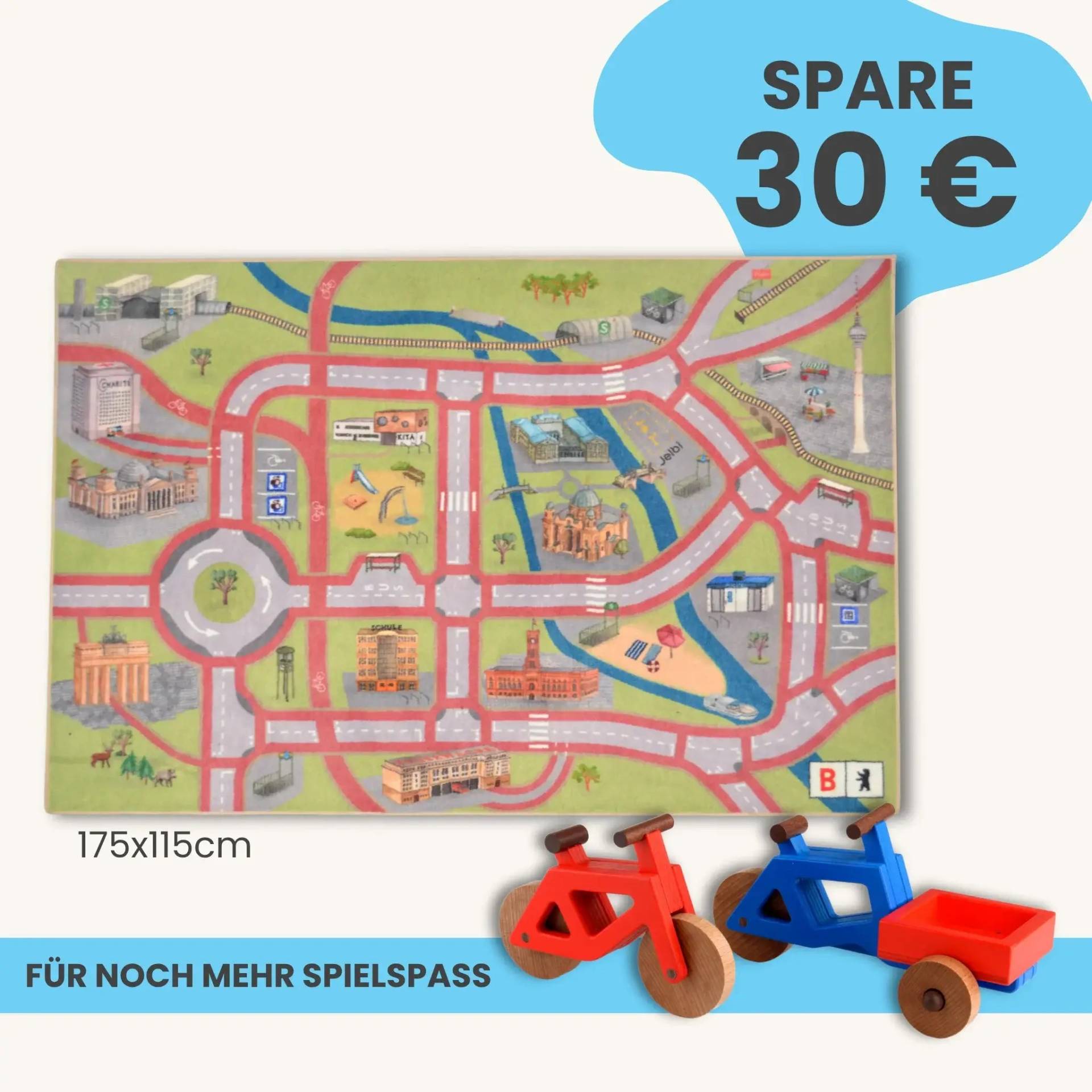 Spielteppich Berlin 175x115cm im Starter-Set | Spielzeugfahrrad aus Holz (Farbe): Rot | Spielzeuglastenrad aus Holz (Farbe): Blau | Flache Transportbox Lastenrad (Farbe): Rot