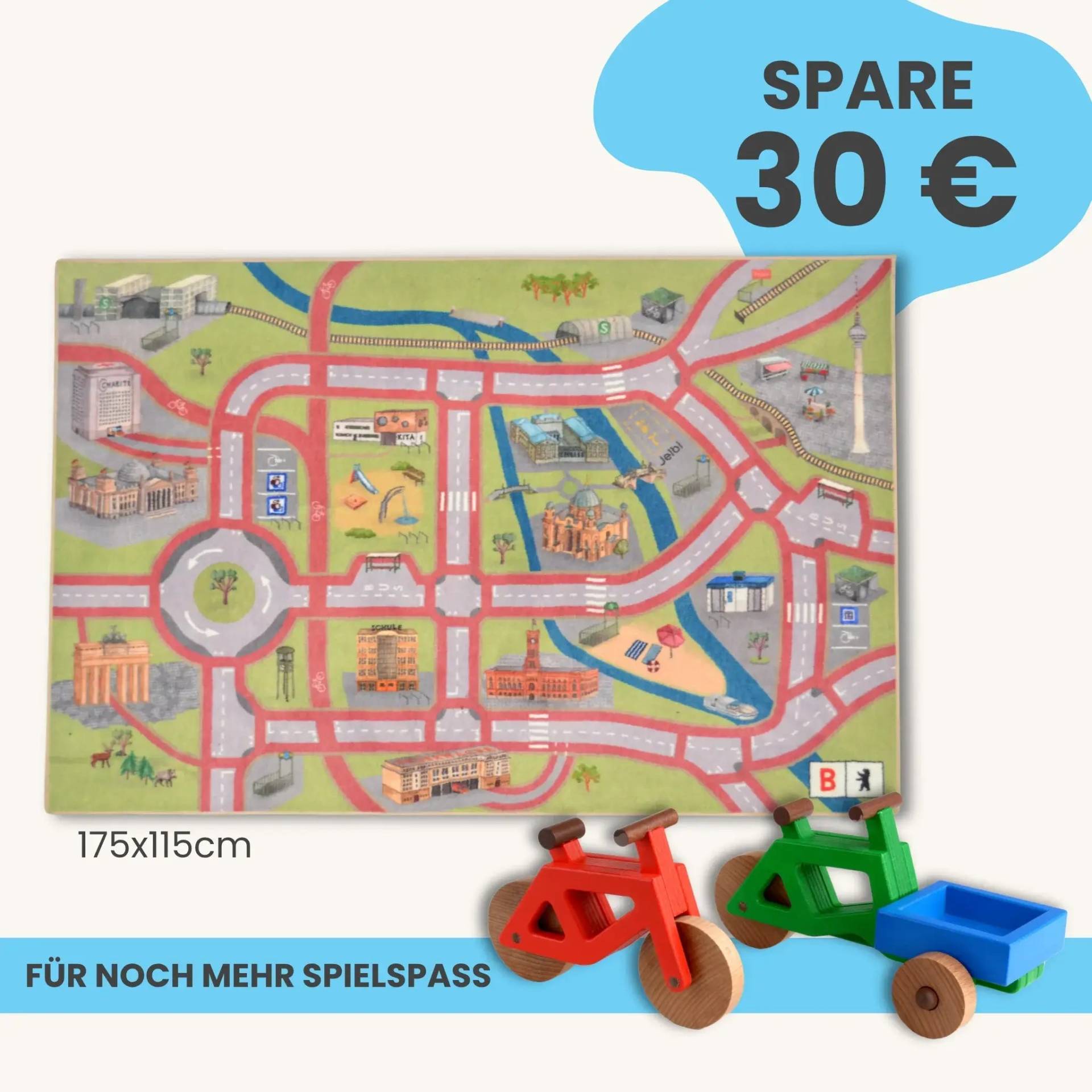 Spielteppich Berlin 175x115cm im Starter-Set | Spielzeugfahrrad aus Holz (Farbe): Rot | Spielzeuglastenrad aus Holz (Farbe): Grün | Flache Transportbox Lastenrad (Farbe): Blau