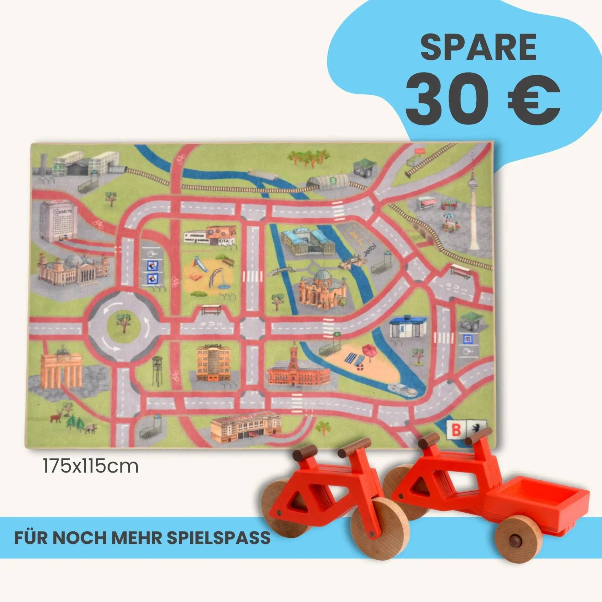 Spielteppich Berlin 175x115cm im Starter-Set | Spielzeugfahrrad aus Holz (Farbe): Rot | Spielzeuglastenrad aus Holz (Farbe): Grün | Flache Transportbox Lastenrad (Farbe): Grün