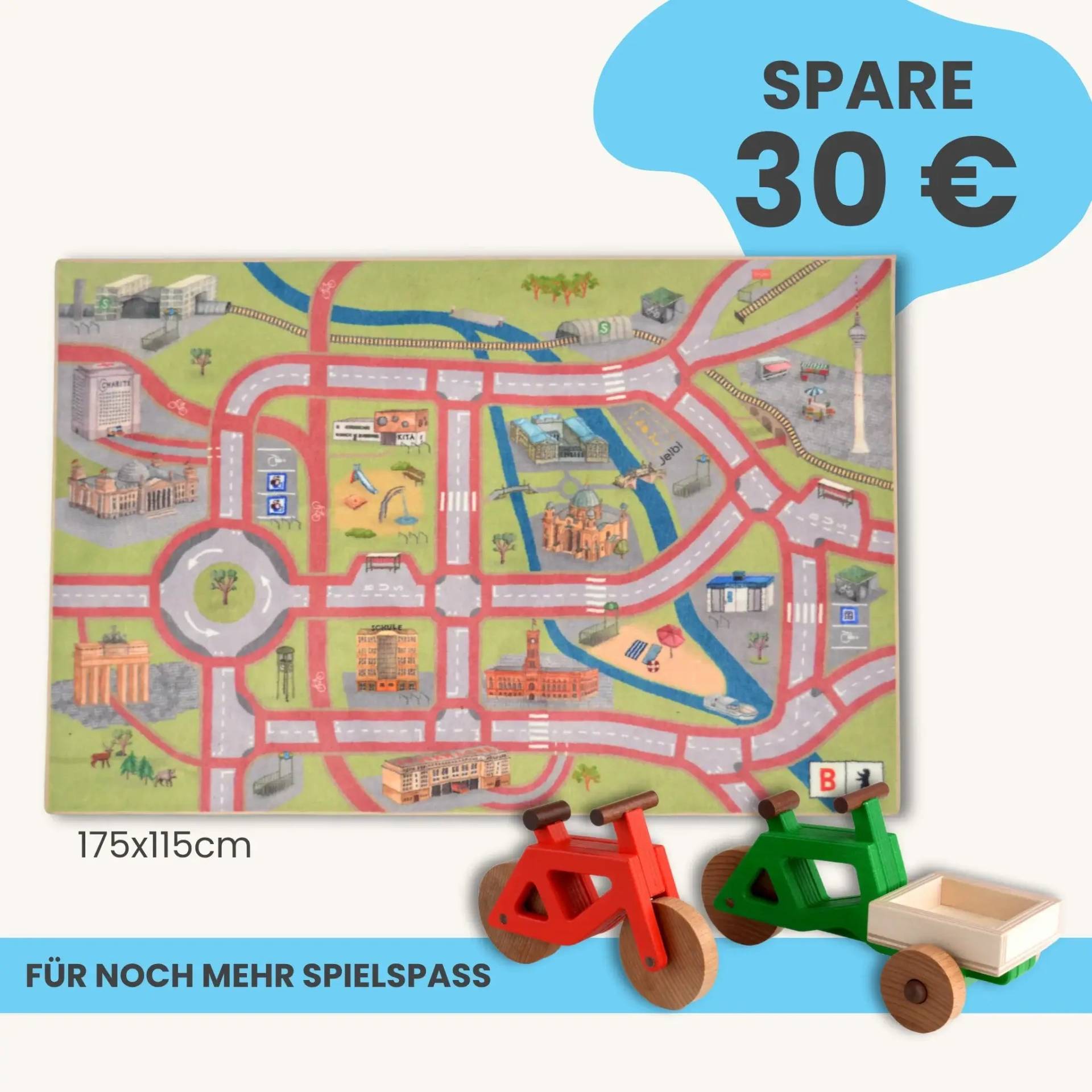 Spielteppich Berlin 175x115cm im Starter-Set | Spielzeugfahrrad aus Holz (Farbe): Rot | Spielzeuglastenrad aus Holz (Farbe): Grün | Flache Transportbox Lastenrad (Farbe): Natur