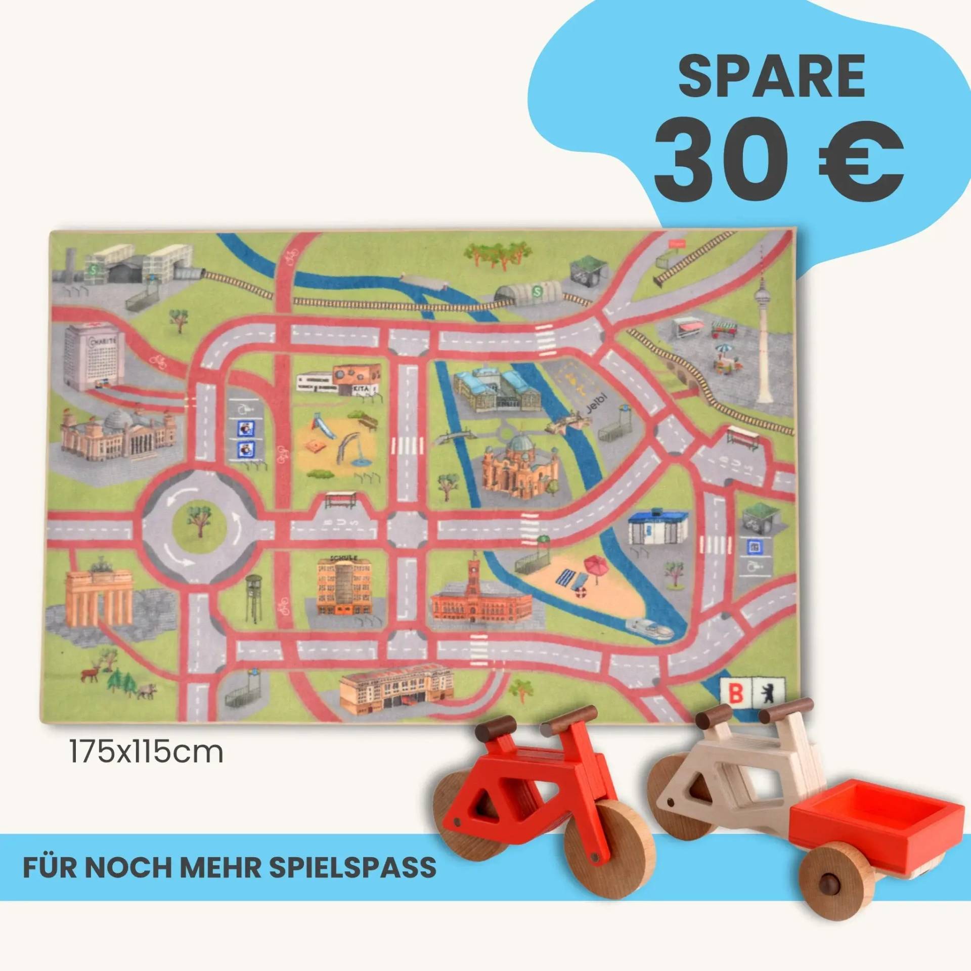 Spielteppich Berlin 175x115cm im Starter-Set | Spielzeugfahrrad aus Holz (Farbe): Rot | Spielzeuglastenrad aus Holz (Farbe): Natur | Flache Transportbox Lastenrad (Farbe): Rot