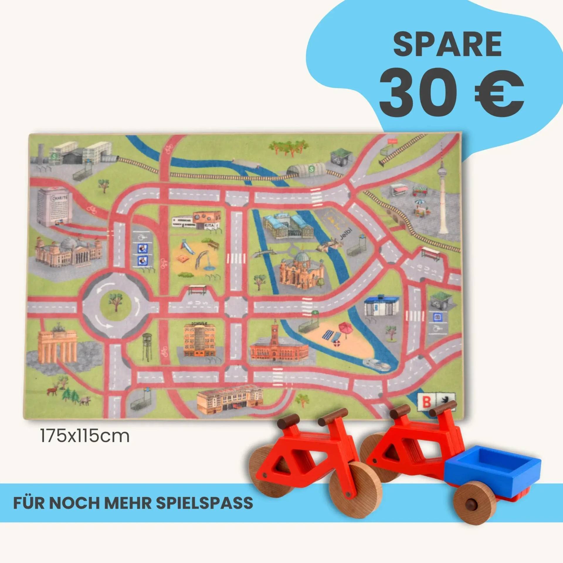 Spielteppich Berlin 175x115cm im Starter-Set | Spielzeugfahrrad aus Holz (Farbe): Rot | Spielzeuglastenrad aus Holz (Farbe): Rot | Flache Transportbox Lastenrad (Farbe): Blau
