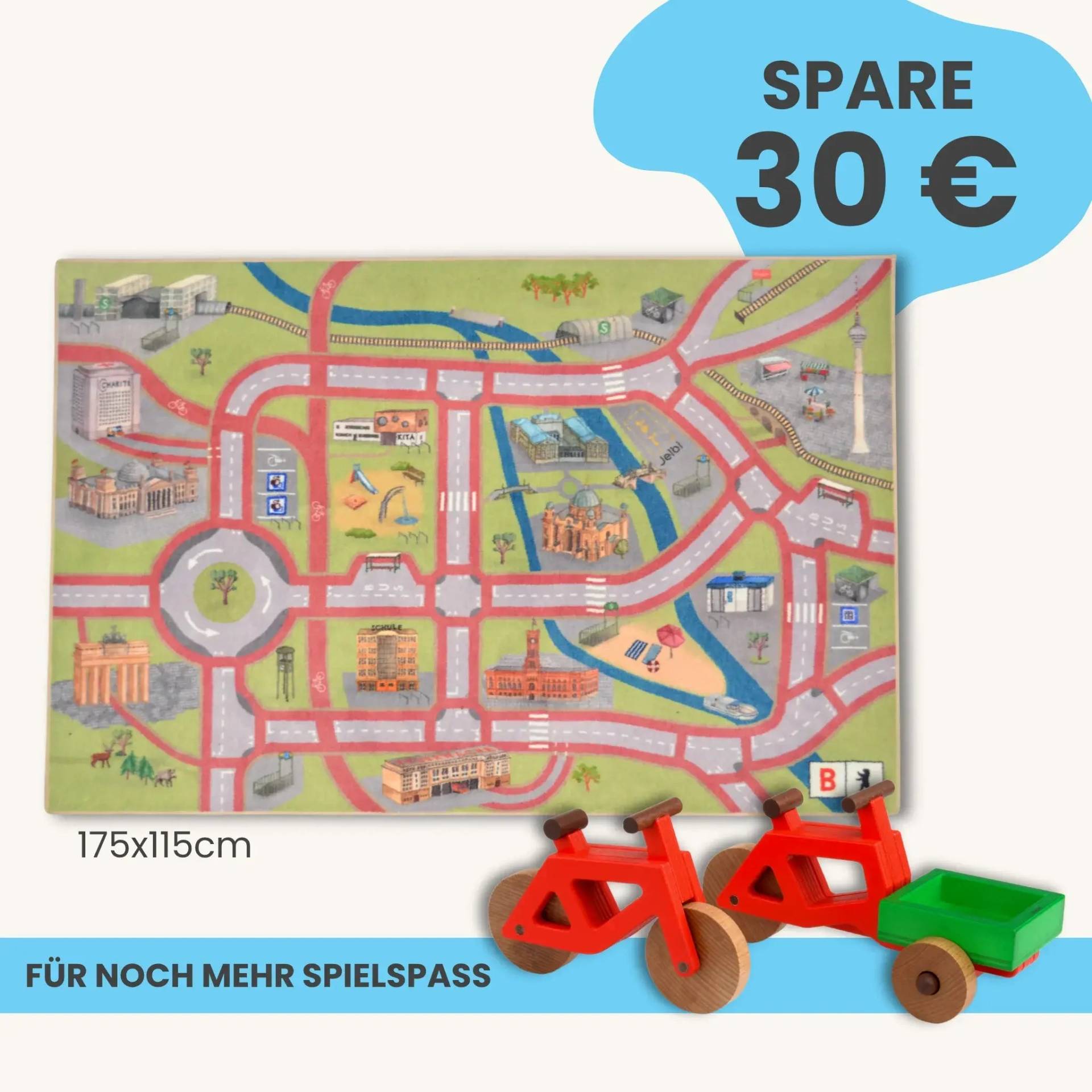 Spielteppich Berlin 175x115cm im Starter-Set | Spielzeugfahrrad aus Holz (Farbe): Rot | Spielzeuglastenrad aus Holz (Farbe): Rot | Flache Transportbox Lastenrad (Farbe): Grün