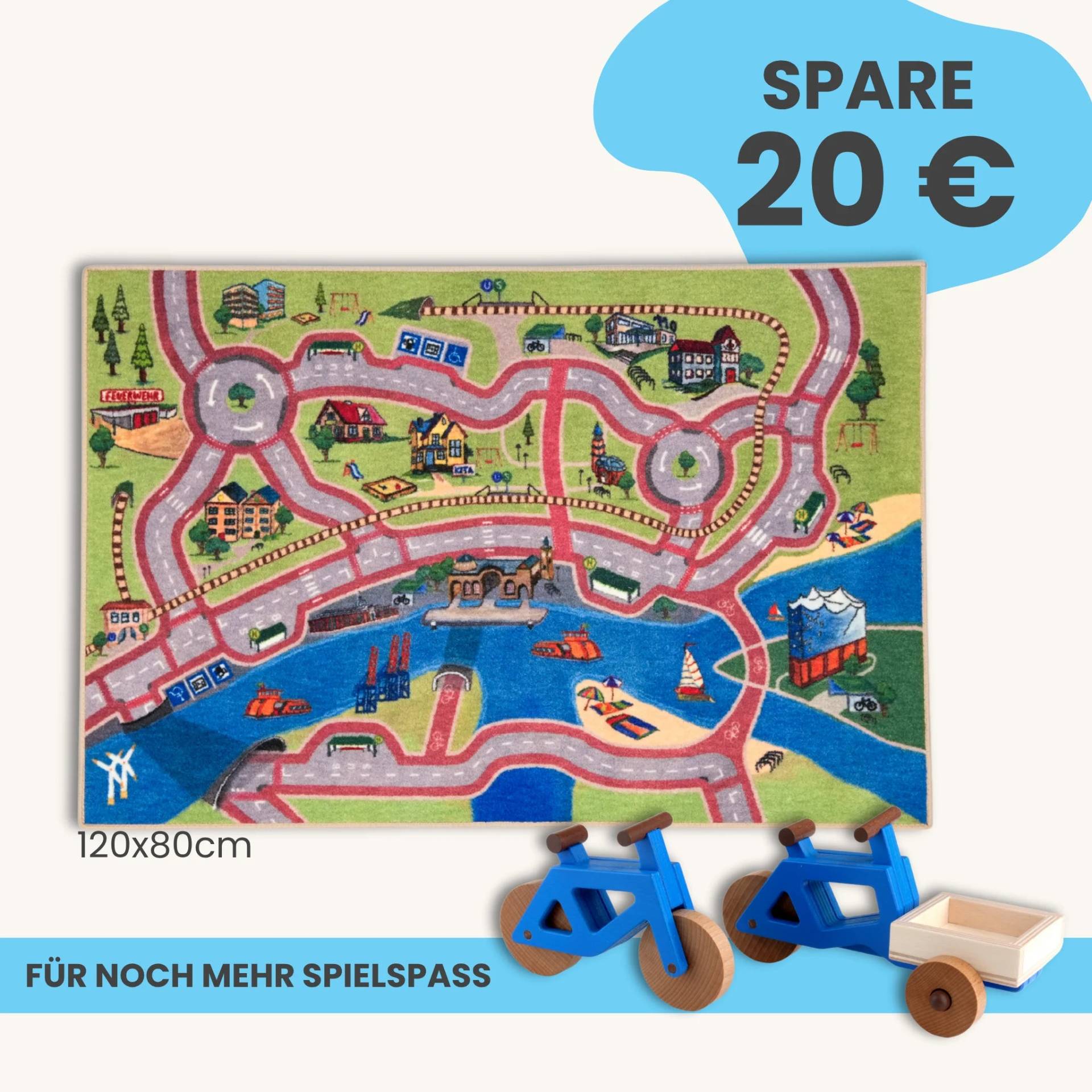 Spielteppich Hamburg 120x80cm im Starter-Set | Spielzeugfahrrad aus Holz (Farbe): Blau | Spielzeuglastenrad aus Holz (Farbe): Blau | Flache Transportbox Lastenrad (Farbe): Natur