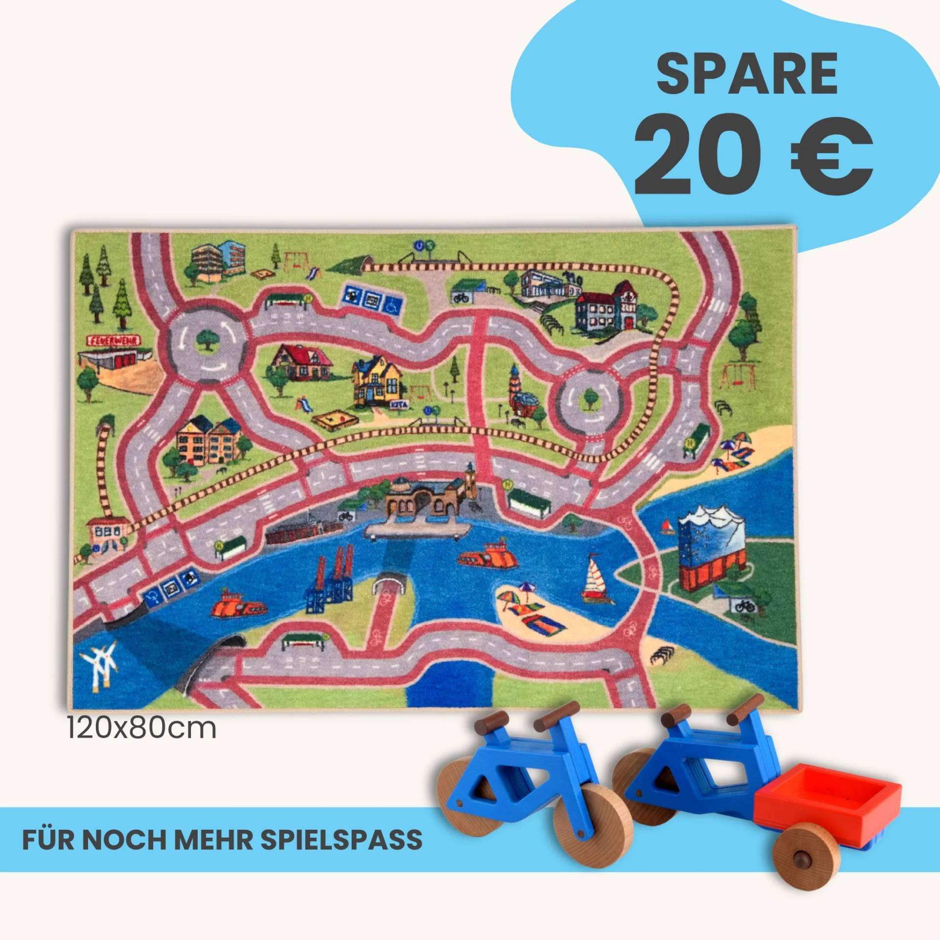 Spielteppich Hamburg 120x80cm im Starter-Set | Spielzeugfahrrad aus Holz (Farbe): Blau | Spielzeuglastenrad aus Holz (Farbe): Blau | Flache Transportbox Lastenrad (Farbe): Rot
