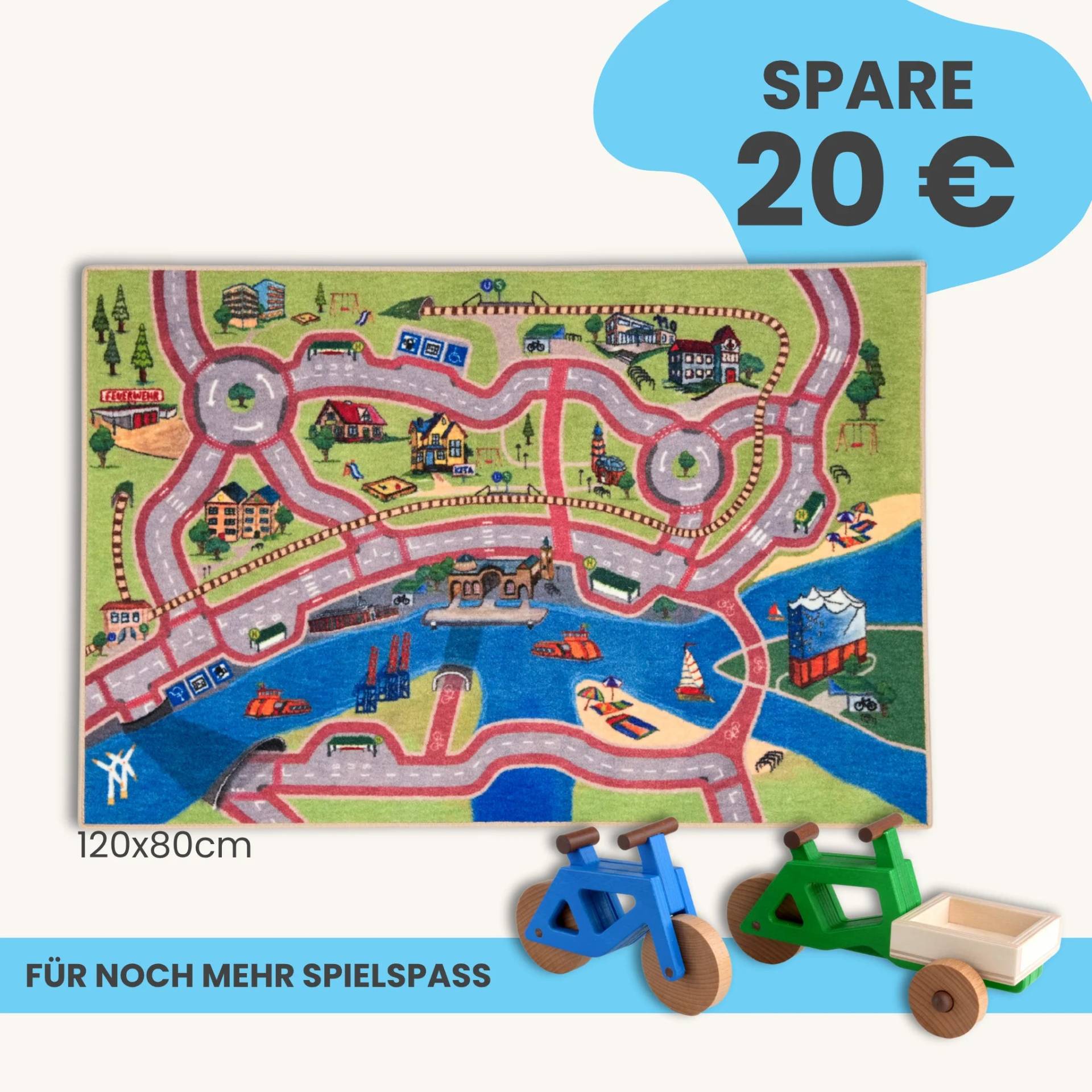Spielteppich Hamburg 120x80cm im Starter-Set | Spielzeugfahrrad aus Holz (Farbe): Blau | Spielzeuglastenrad aus Holz (Farbe): Grün | Flache Transportbox Lastenrad (Farbe): Natur