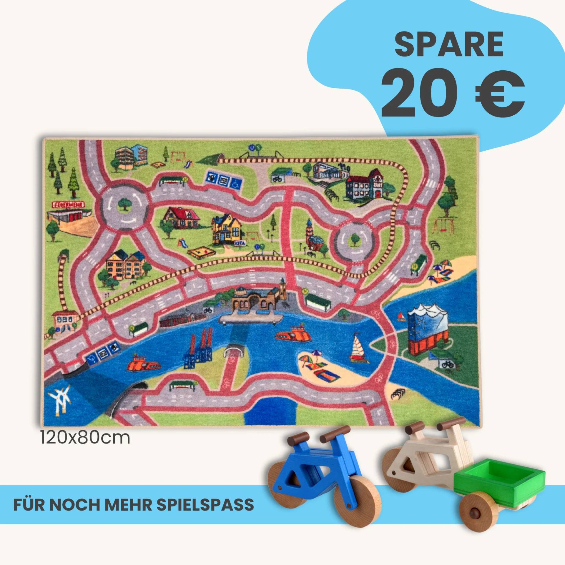 Spielteppich Hamburg 120x80cm im Starter-Set | Spielzeugfahrrad aus Holz (Farbe): Blau | Spielzeuglastenrad aus Holz (Farbe): Natur | Flache Transportbox Lastenrad (Farbe): Grün