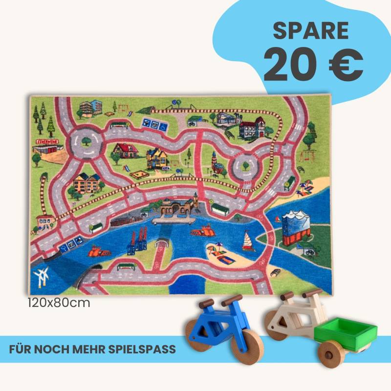 Spielteppich Hamburg 120x80cm im Starter-Set | Spielzeugfahrrad aus Holz (Farbe): Blau | Spielzeuglastenrad aus Holz (Farbe): Natur | Flache Transportbox Lastenrad (Farbe): Grün