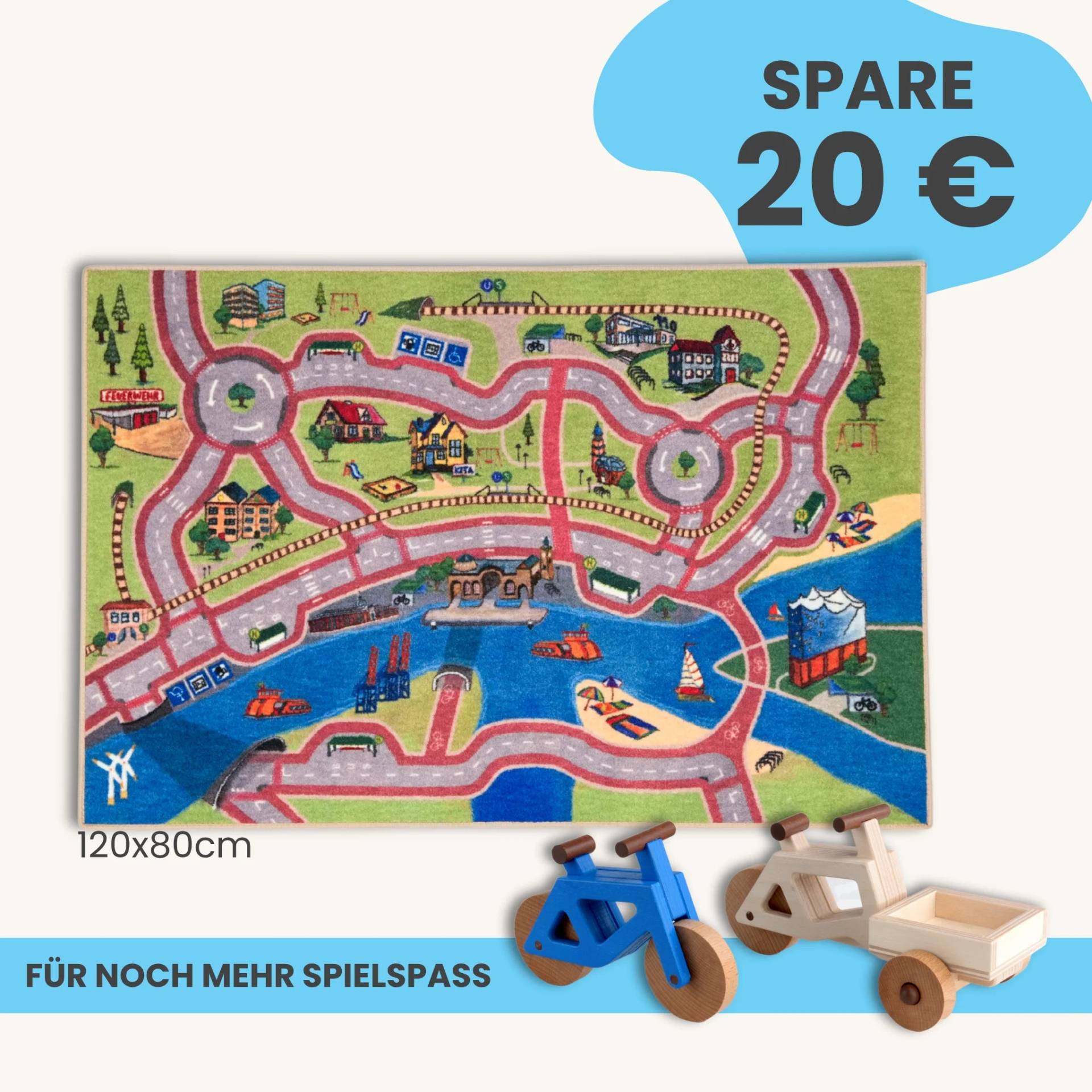 Spielteppich Hamburg 120x80cm im Starter-Set | Spielzeugfahrrad aus Holz (Farbe): Blau | Spielzeuglastenrad aus Holz (Farbe): Natur | Flache Transportbox Lastenrad (Farbe): Natur