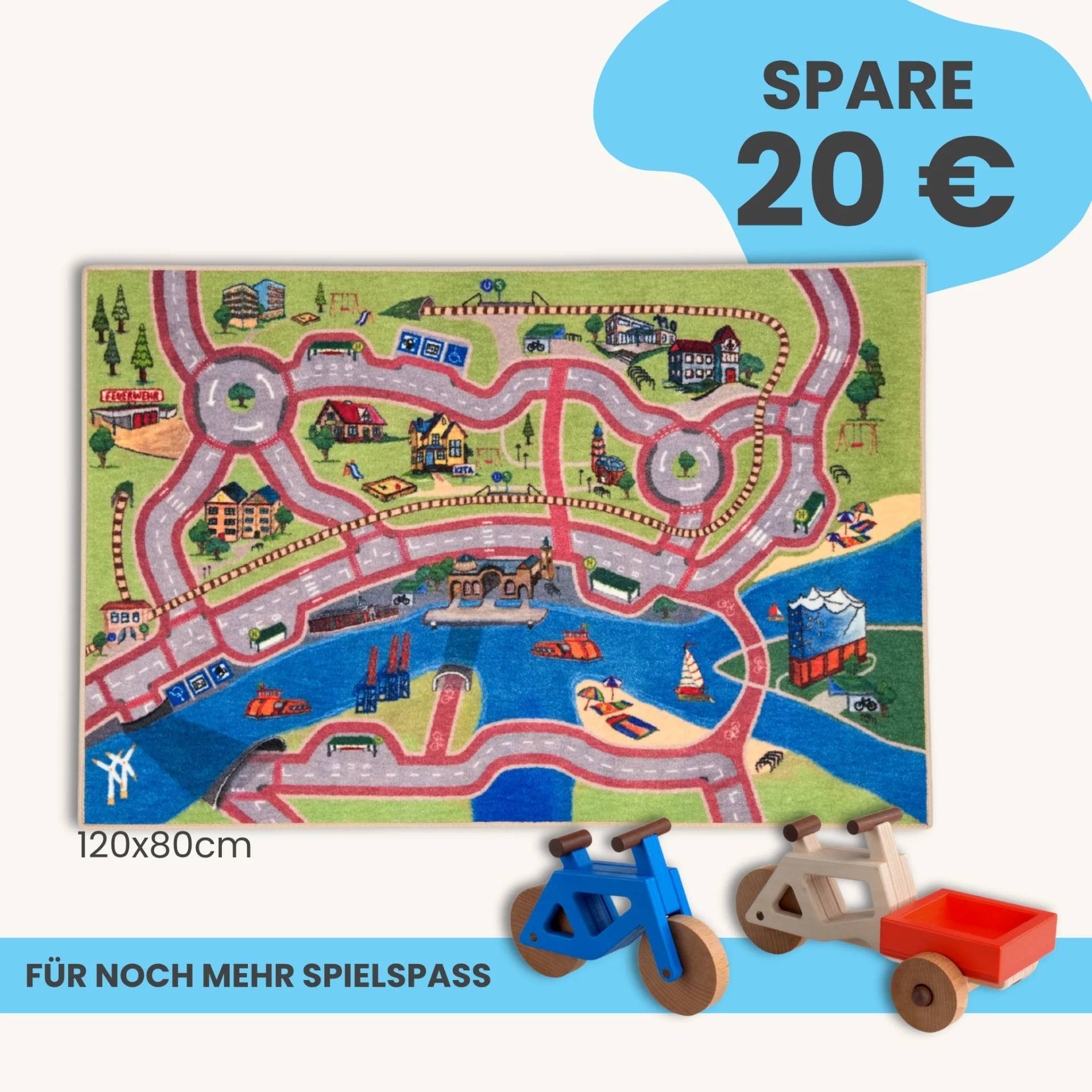 Spielteppich Hamburg 120x80cm im Starter-Set | Spielzeugfahrrad aus Holz (Farbe): Blau | Spielzeuglastenrad aus Holz (Farbe): Natur | Flache Transportbox Lastenrad (Farbe): Rot