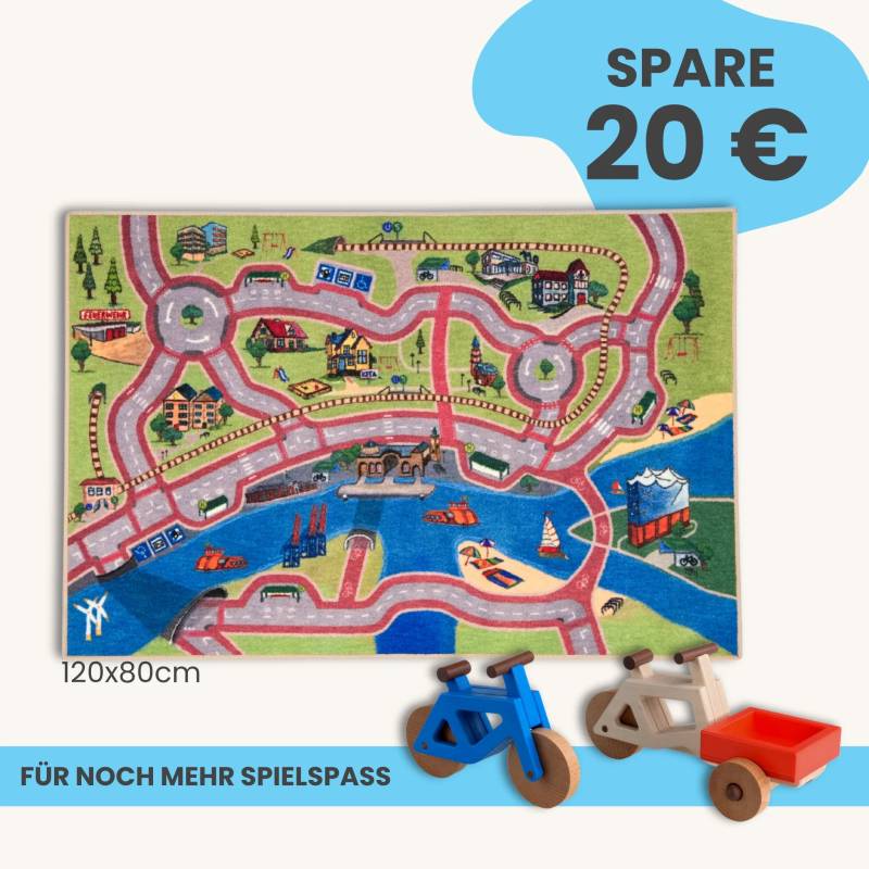 Spielteppich Hamburg 120x80cm im Starter-Set | Spielzeugfahrrad aus Holz (Farbe): Blau | Spielzeuglastenrad aus Holz (Farbe): Natur | Flache Transportbox Lastenrad (Farbe): Rot