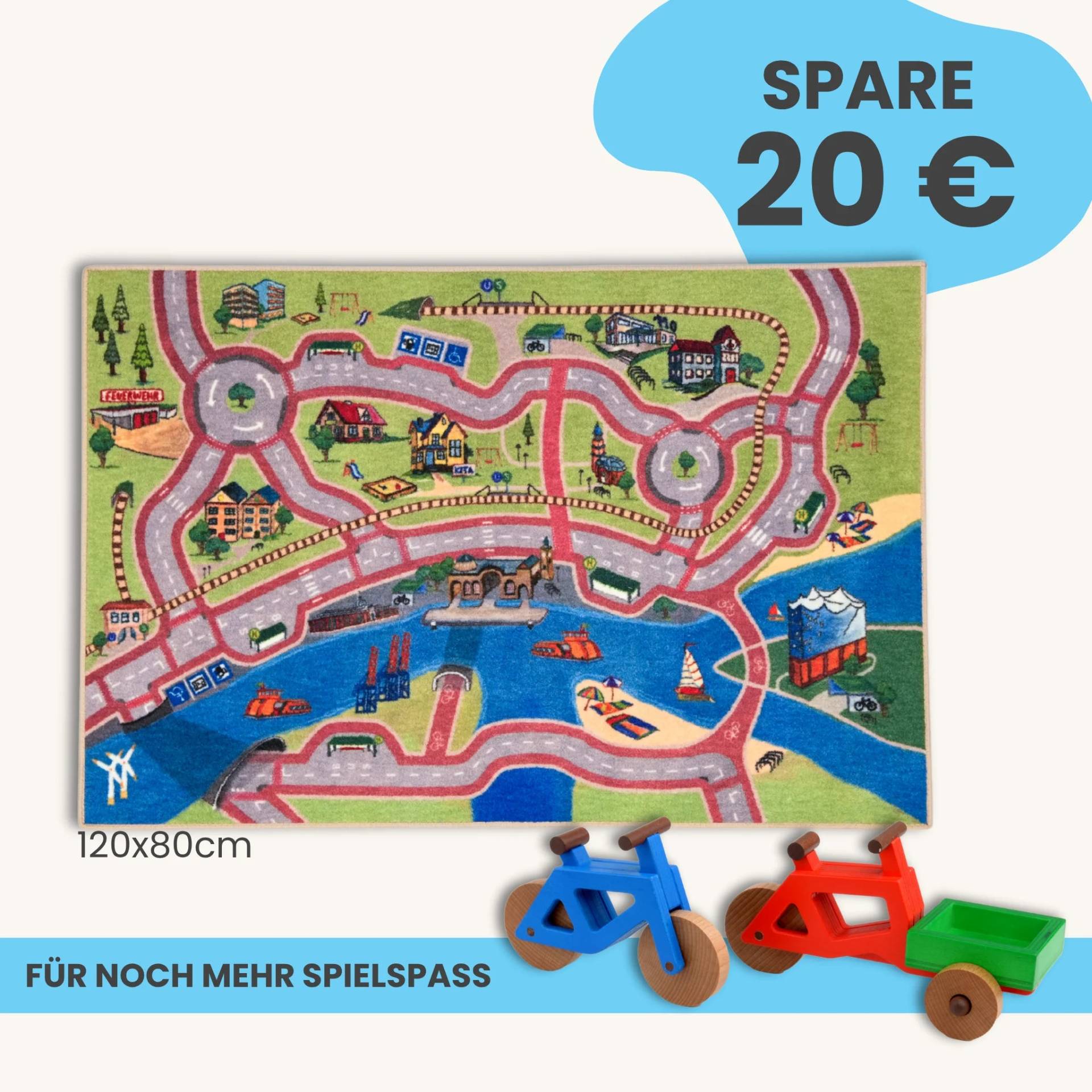 Spielteppich Hamburg 120x80cm im Starter-Set | Spielzeugfahrrad aus Holz (Farbe): Blau | Spielzeuglastenrad aus Holz (Farbe): Rot | Flache Transportbox Lastenrad (Farbe): Grün