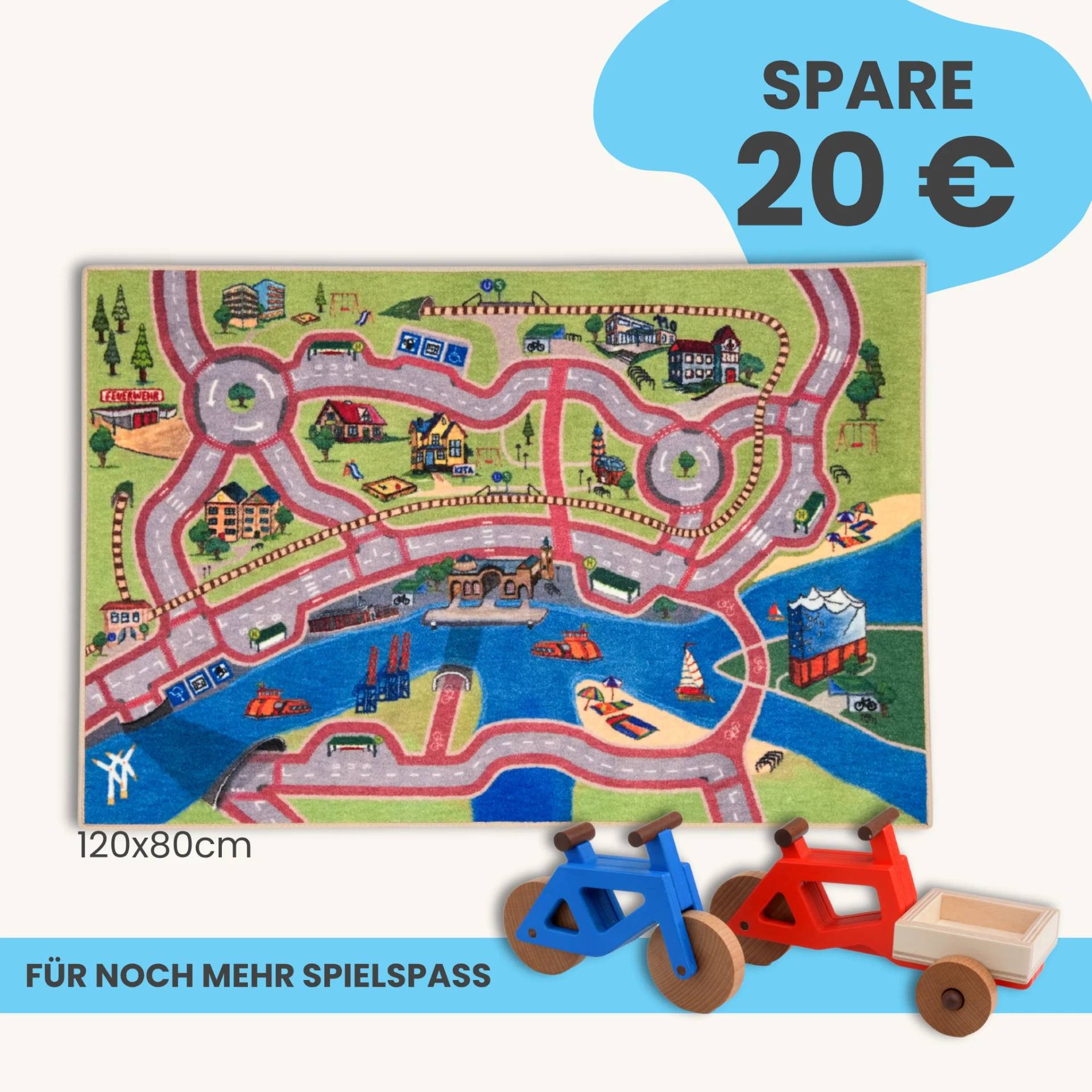 Spielteppich Hamburg 120x80cm im Starter-Set | Spielzeugfahrrad aus Holz (Farbe): Blau | Spielzeuglastenrad aus Holz (Farbe): Rot | Flache Transportbox Lastenrad (Farbe): Natur