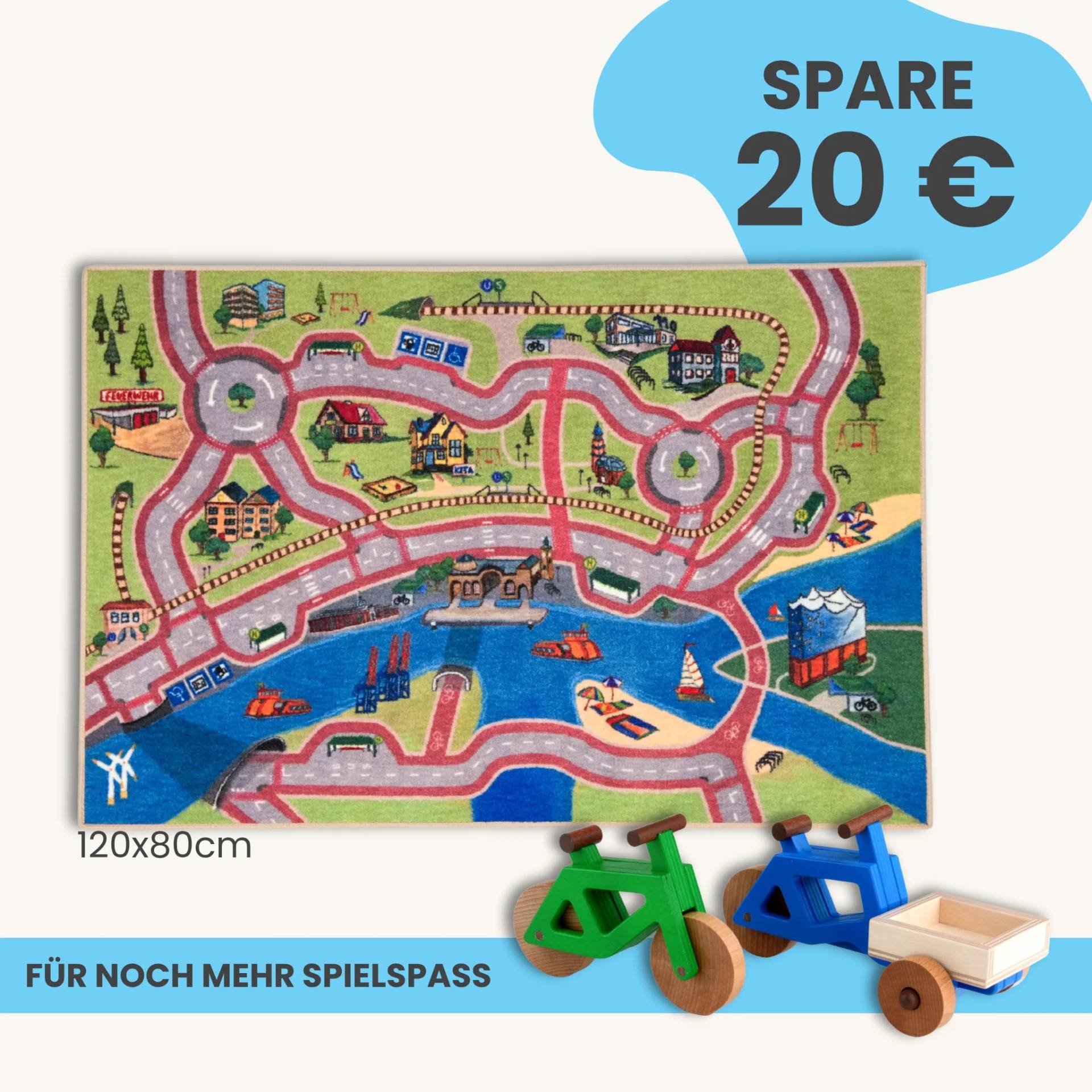 Spielteppich Hamburg 120x80cm im Starter-Set | Spielzeugfahrrad aus Holz (Farbe): Grün | Spielzeuglastenrad aus Holz (Farbe): Blau | Flache Transportbox Lastenrad (Farbe): Natur