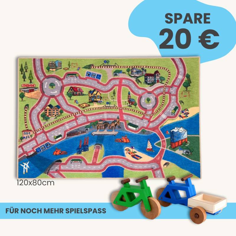 Spielteppich Hamburg 120x80cm im Starter-Set | Spielzeugfahrrad aus Holz (Farbe): Grün | Spielzeuglastenrad aus Holz (Farbe): Blau | Flache Transportbox Lastenrad (Farbe): Natur