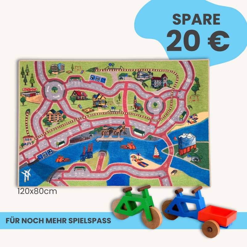 Spielteppich Hamburg 120x80cm im Starter-Set | Spielzeugfahrrad aus Holz (Farbe): Grün | Spielzeuglastenrad aus Holz (Farbe): Blau | Flache Transportbox Lastenrad (Farbe): Rot