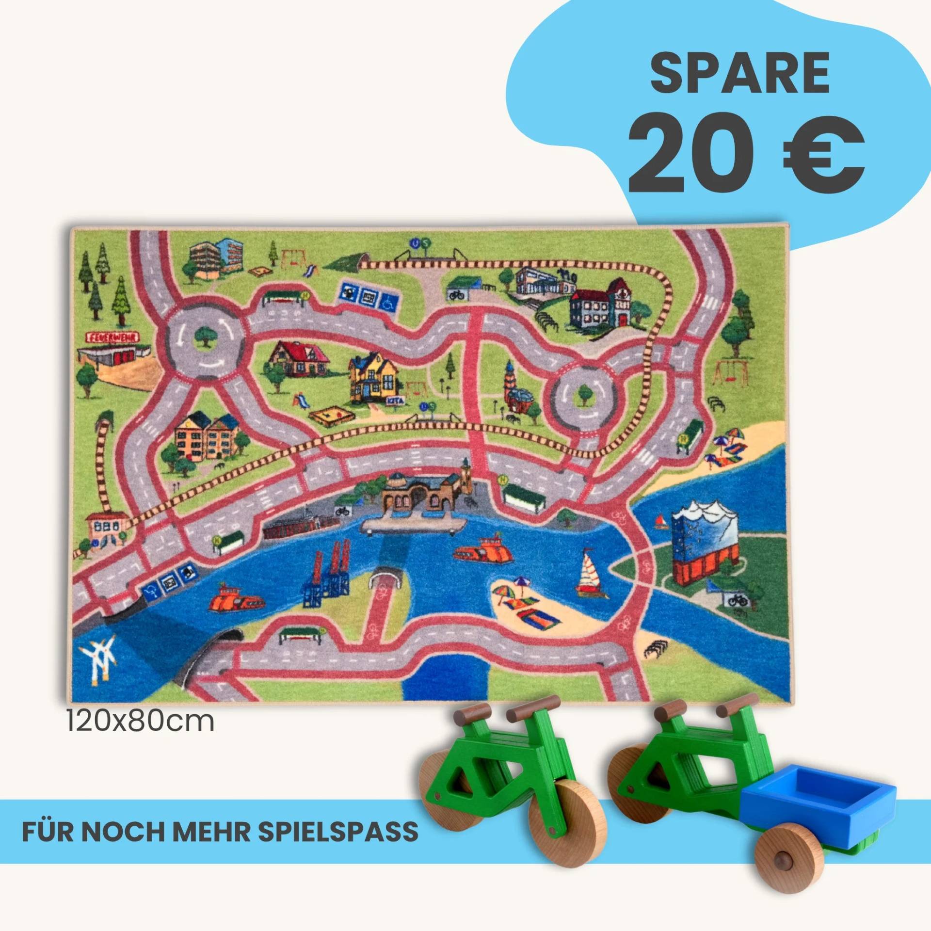Spielteppich Hamburg 120x80cm im Starter-Set | Spielzeugfahrrad aus Holz (Farbe): Grün | Spielzeuglastenrad aus Holz (Farbe): Grün | Flache Transportbox Lastenrad (Farbe): Blau