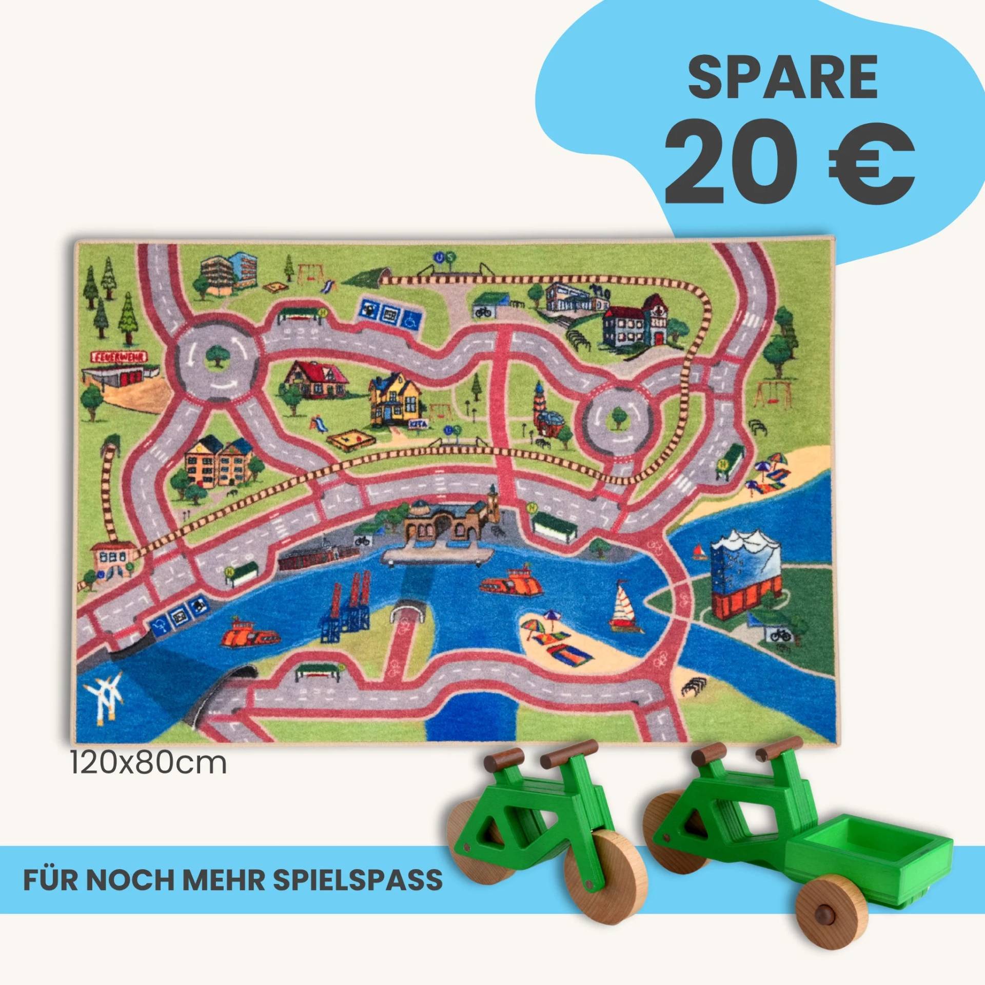 Spielteppich Hamburg 120x80cm im Starter-Set | Spielzeugfahrrad aus Holz (Farbe): Grün | Spielzeuglastenrad aus Holz (Farbe): Grün | Flache Transportbox Lastenrad (Farbe): Grün
