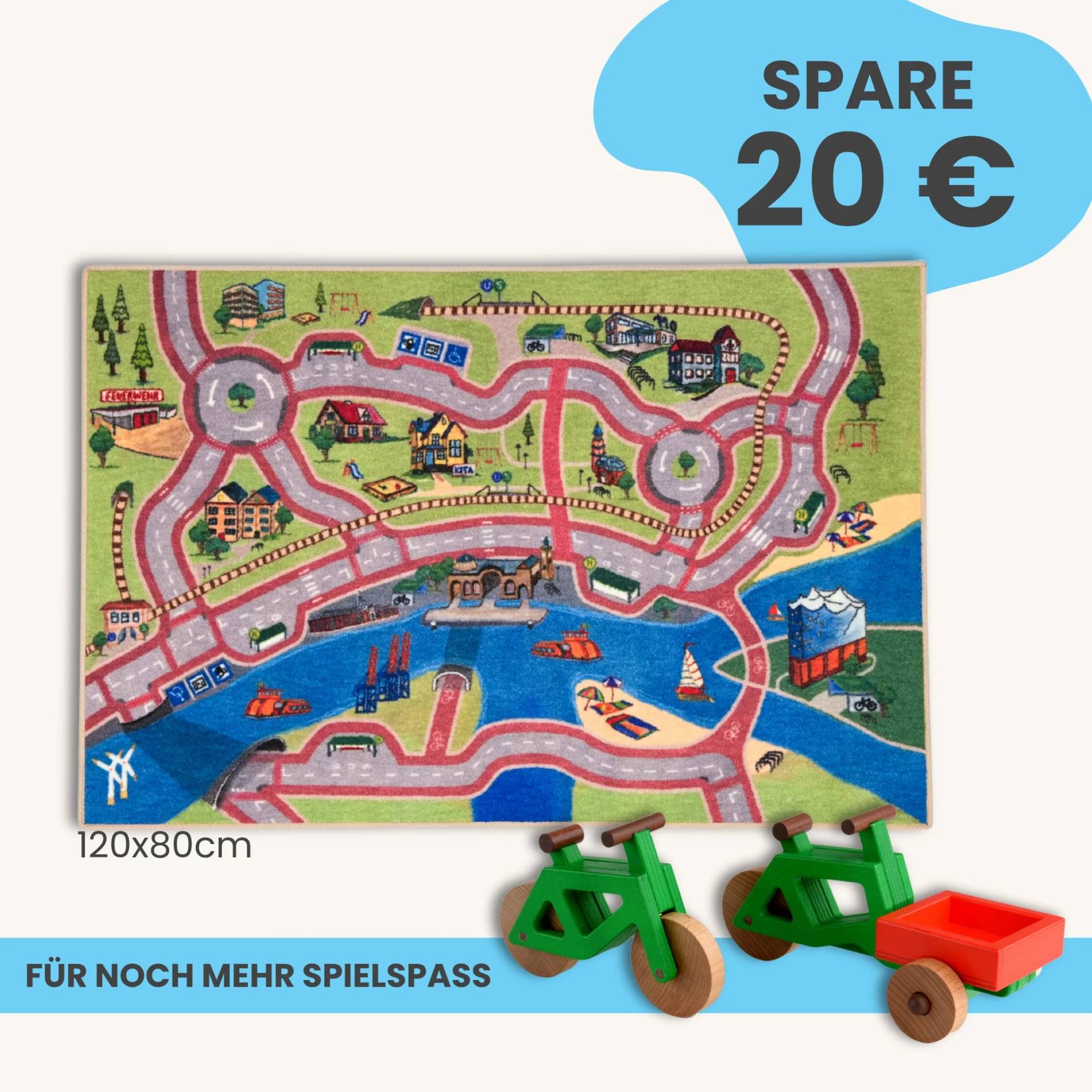 Spielteppich Hamburg 120x80cm im Starter-Set | Spielzeugfahrrad aus Holz (Farbe): Grün | Spielzeuglastenrad aus Holz (Farbe): Grün | Flache Transportbox Lastenrad (Farbe): Rot