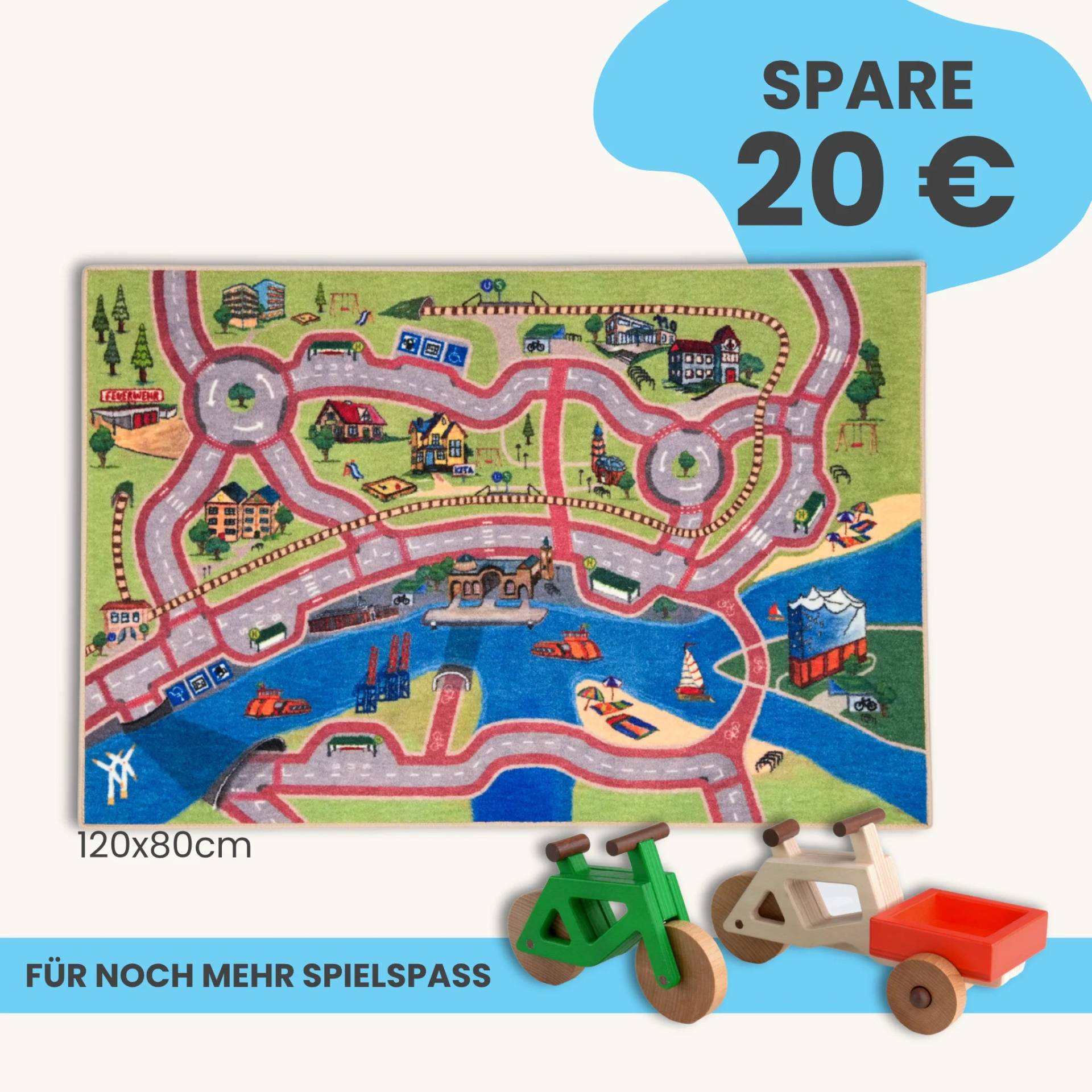 Spielteppich Hamburg 120x80cm im Starter-Set | Spielzeugfahrrad aus Holz (Farbe): Grün | Spielzeuglastenrad aus Holz (Farbe): Natur | Flache Transportbox Lastenrad (Farbe): Rot