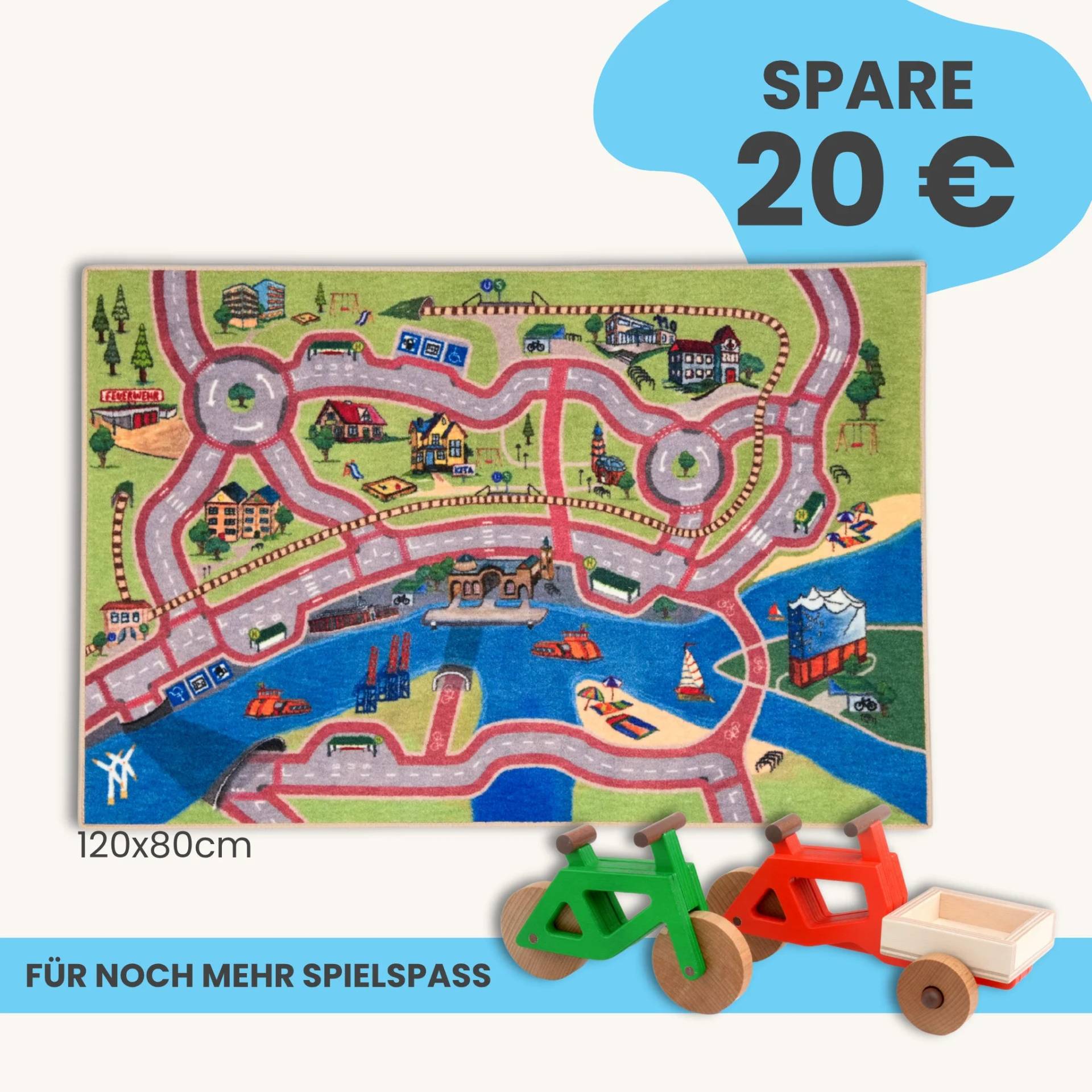 Spielteppich Hamburg 120x80cm im Starter-Set | Spielzeugfahrrad aus Holz (Farbe): Grün | Spielzeuglastenrad aus Holz (Farbe): Rot | Flache Transportbox Lastenrad (Farbe): Natur