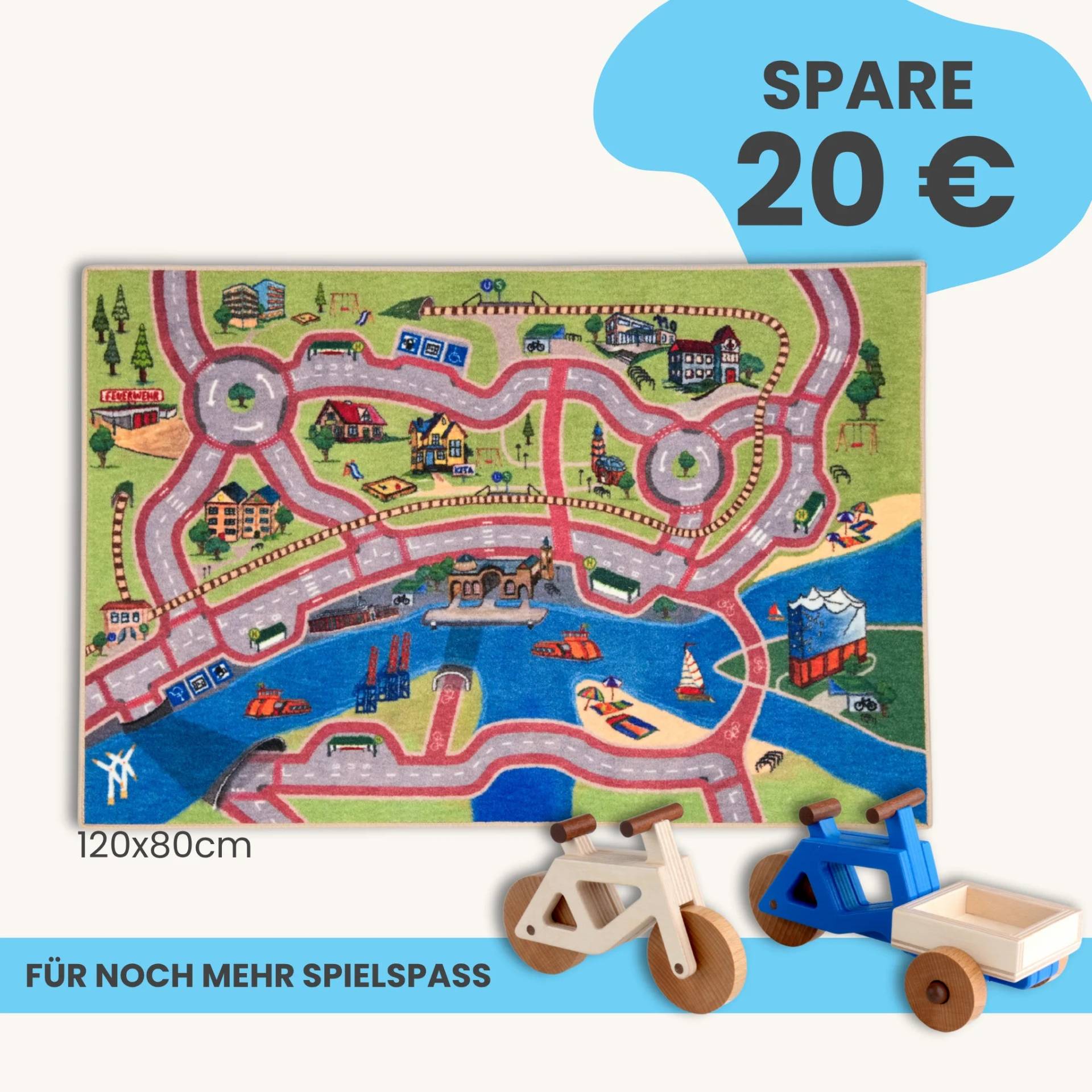 Spielteppich Hamburg 120x80cm im Starter-Set | Spielzeugfahrrad aus Holz (Farbe): Natur | Spielzeuglastenrad aus Holz (Farbe): Blau | Flache Transportbox Lastenrad (Farbe): Natur